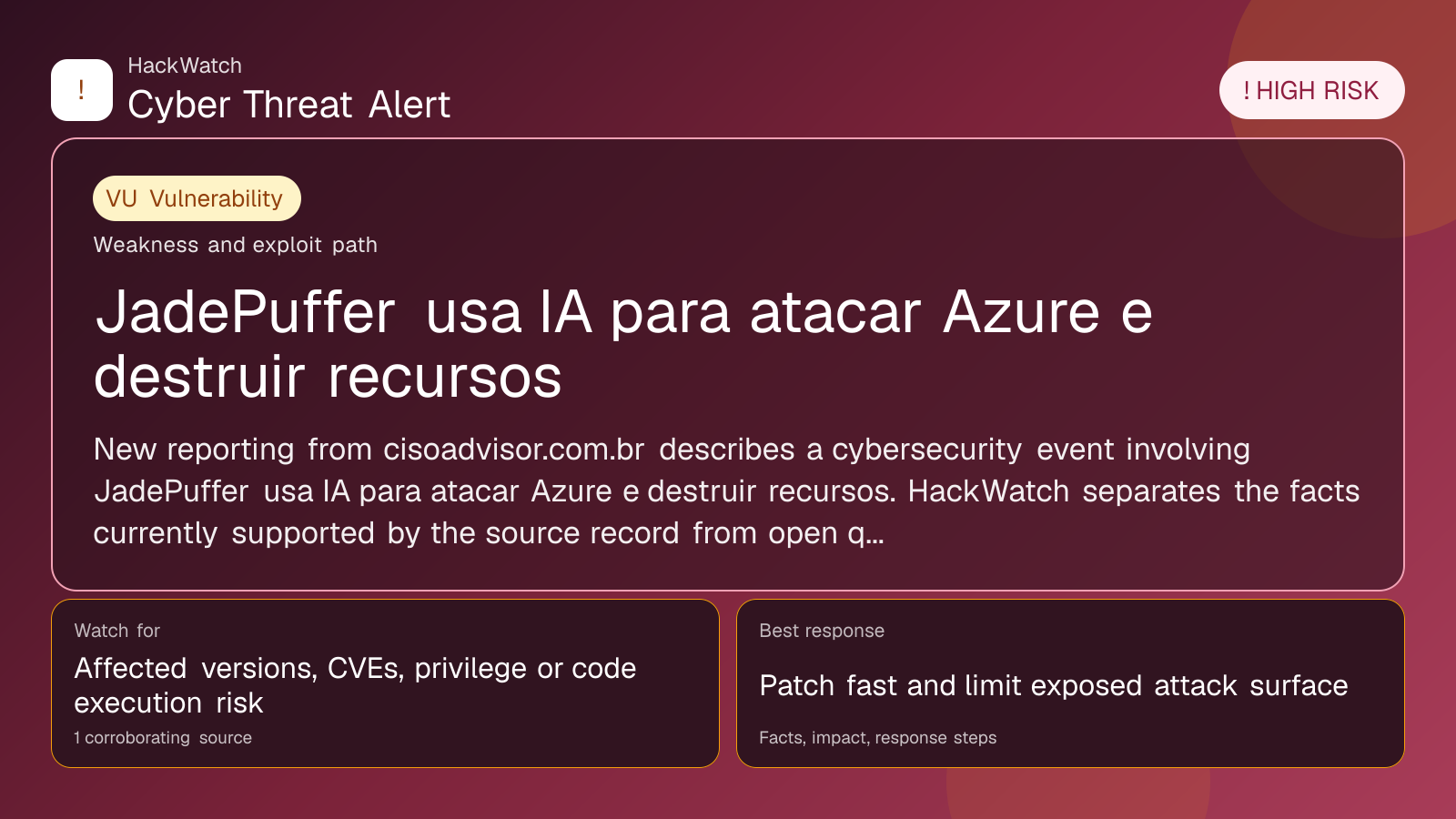 JadePuffer usa IA para atacar Azure e destruir recursos - HackWatch vulnerability alert image