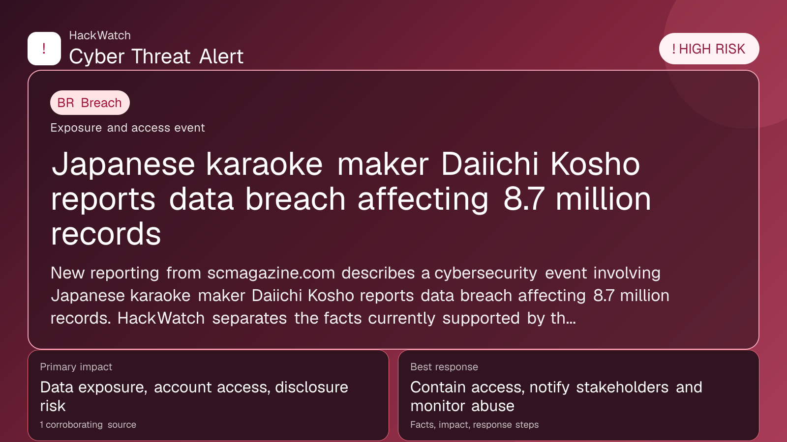 Japanese karaoke maker Daiichi Kosho reports data breach affecting 8.7 million records - HackWatch breach alert image