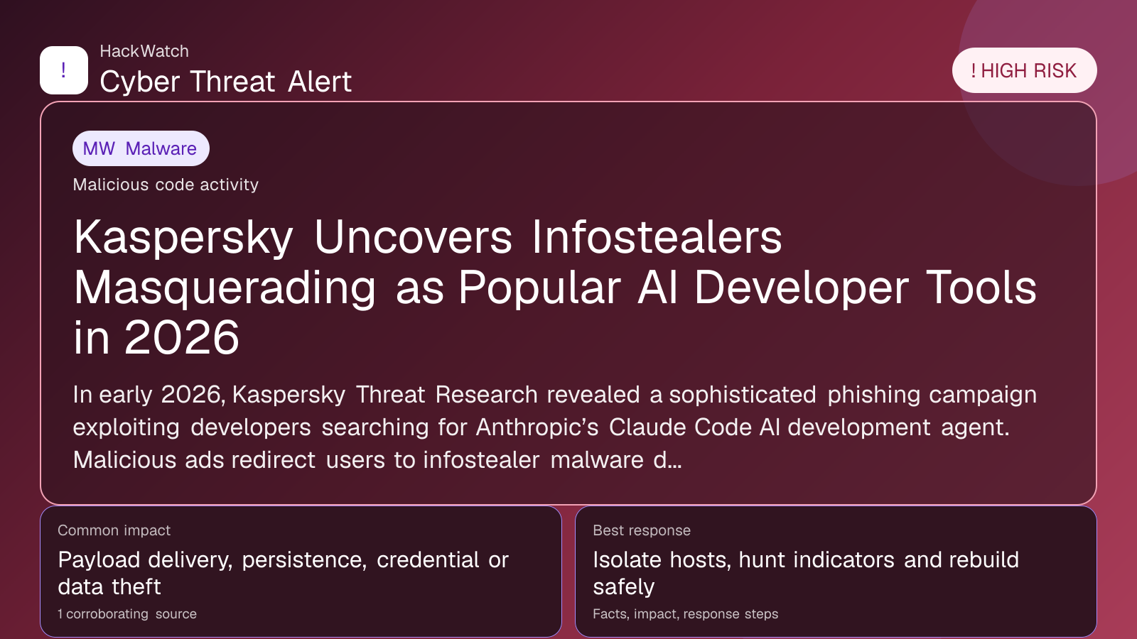 Kaspersky Uncovers Infostealers Masquerading as Popular AI Developer Tools in 2026 - HackWatch malware alert image