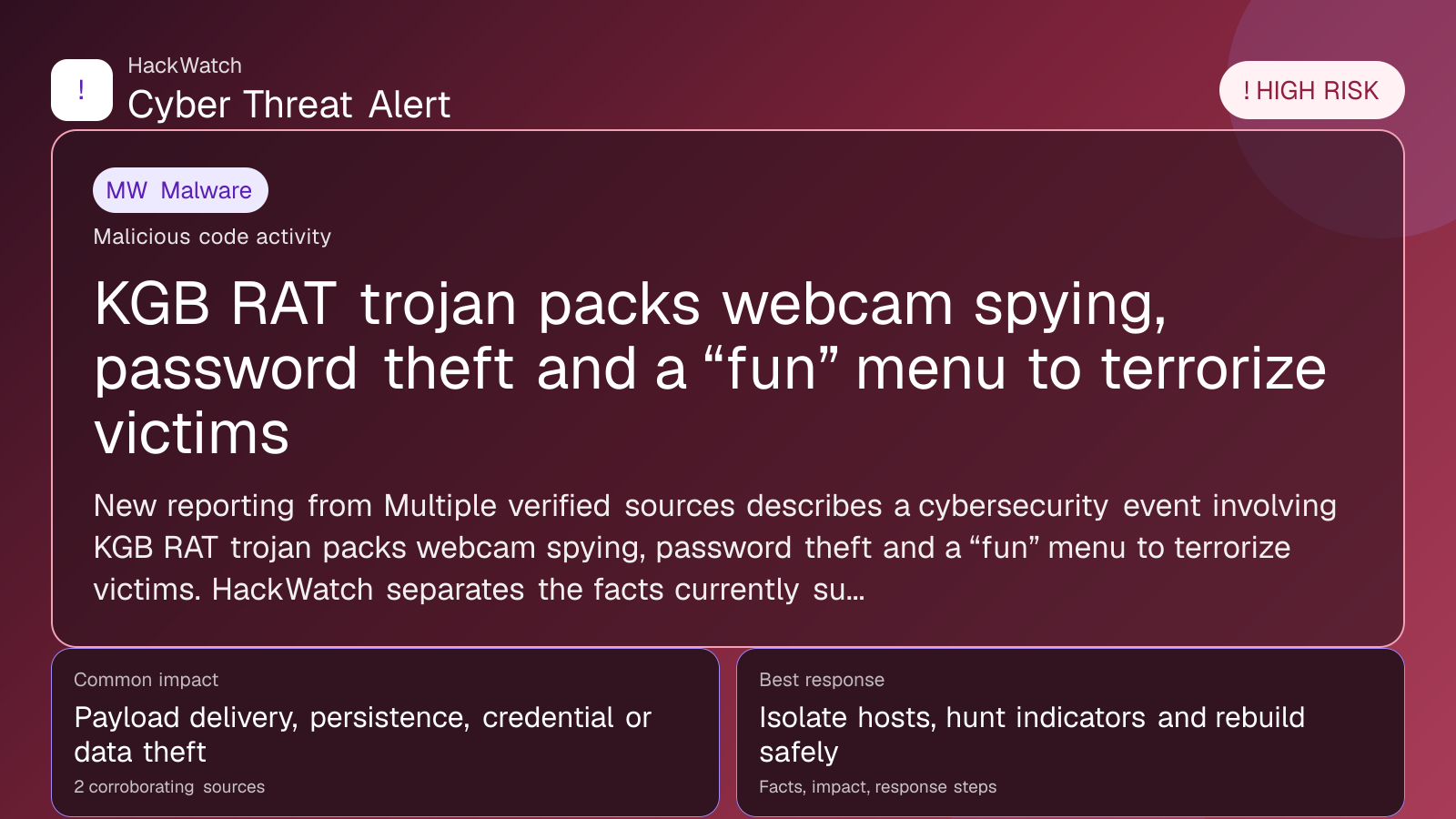 KGB RAT trojan packs webcam spying, password theft and a “fun” menu to terrorize victims - HackWatch malware alert image