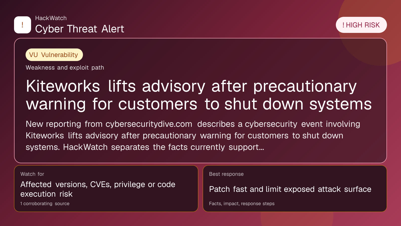 Kiteworks lifts advisory after precautionary warning for customers to shut down systems - HackWatch vulnerability alert image