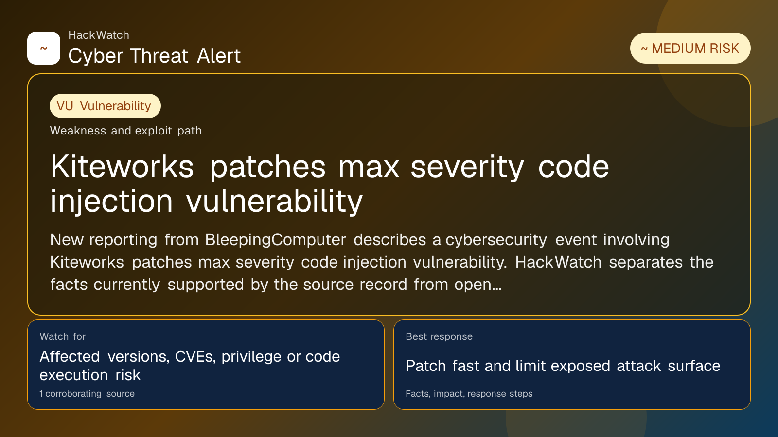 Kiteworks patches max severity code injection vulnerability - HackWatch vulnerability alert image
