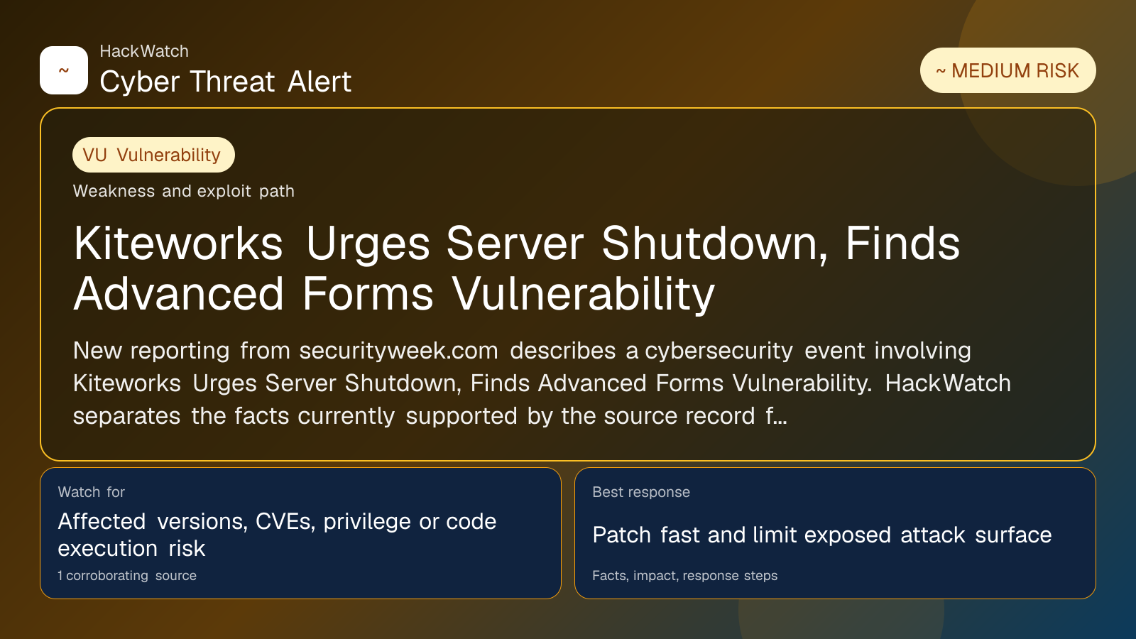 Kiteworks Urges Server Shutdown, Finds Advanced Forms Vulnerability - HackWatch vulnerability alert image
