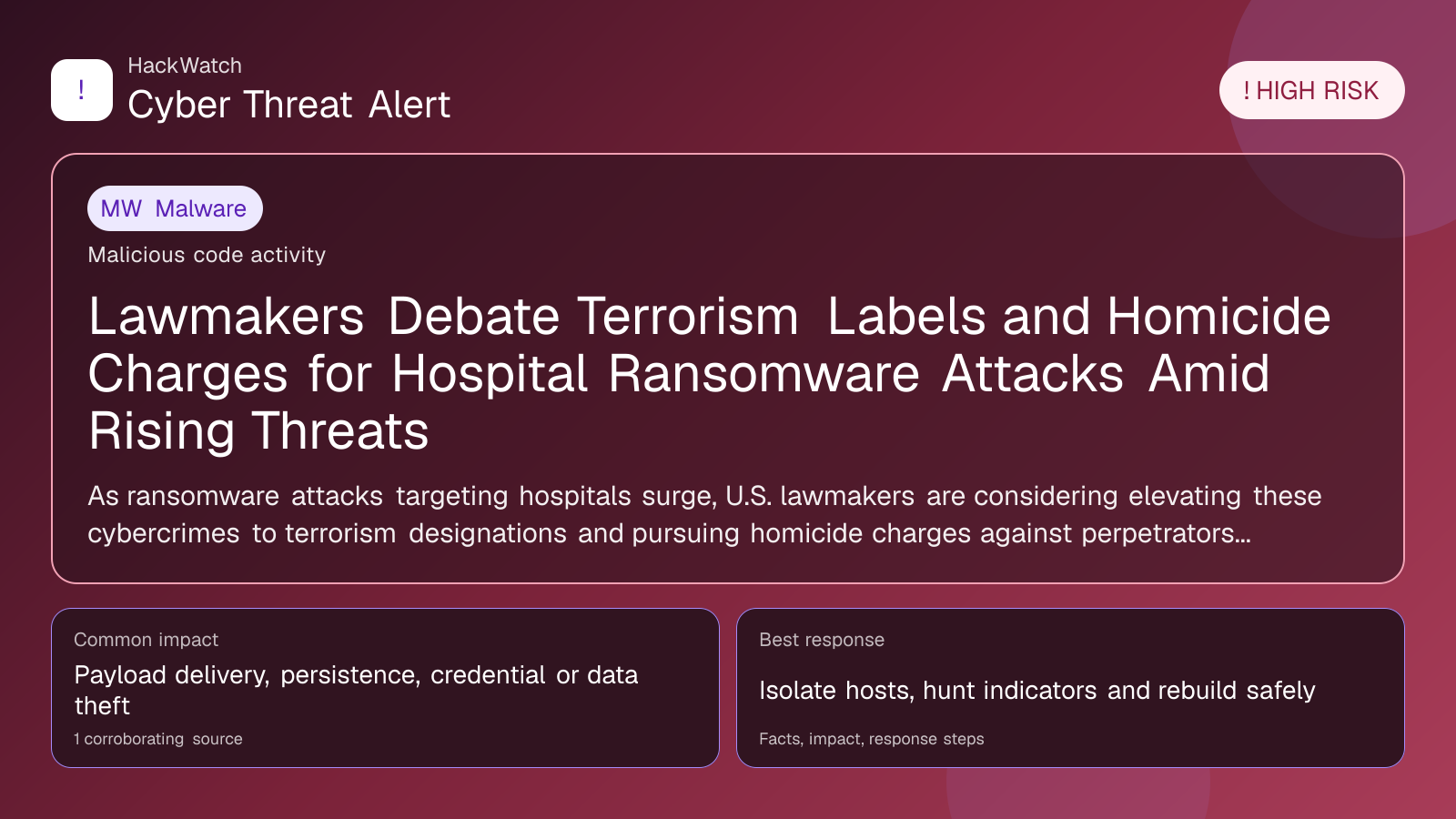 Lawmakers Debate Terrorism Labels and Homicide Charges for Hospital Ransomware Attacks Amid Rising Threats - HackWatch malware alert image