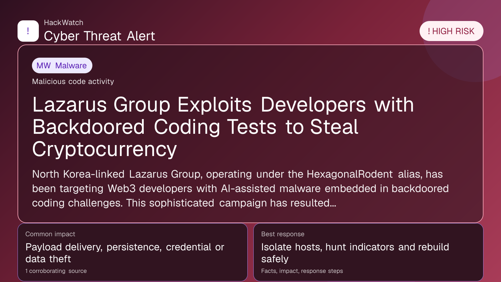 Lazarus Group Exploits Developers with Backdoored Coding Tests to Steal Cryptocurrency - HackWatch malware alert image