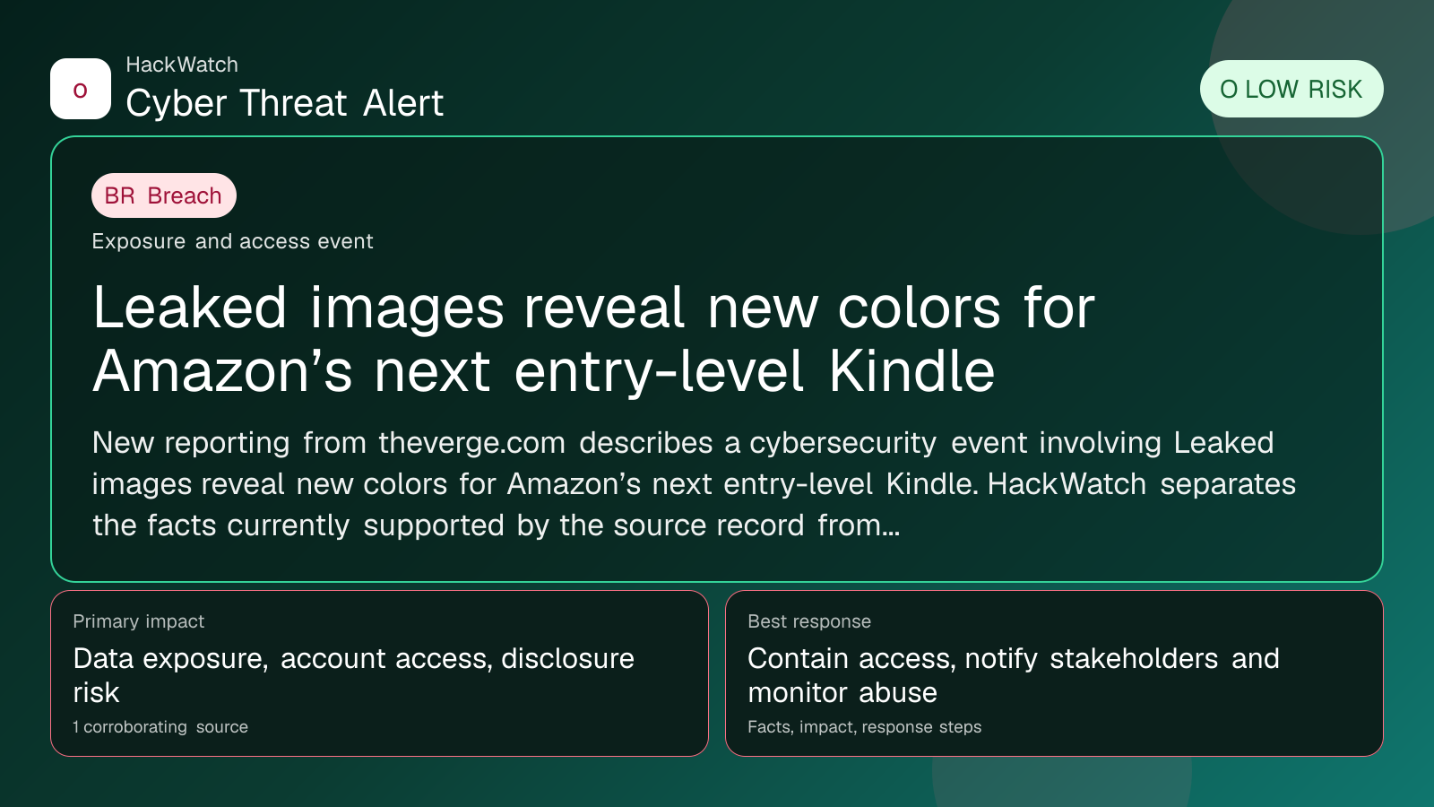 Leaked images reveal new colors for Amazon’s next entry-level Kindle - HackWatch breach alert image