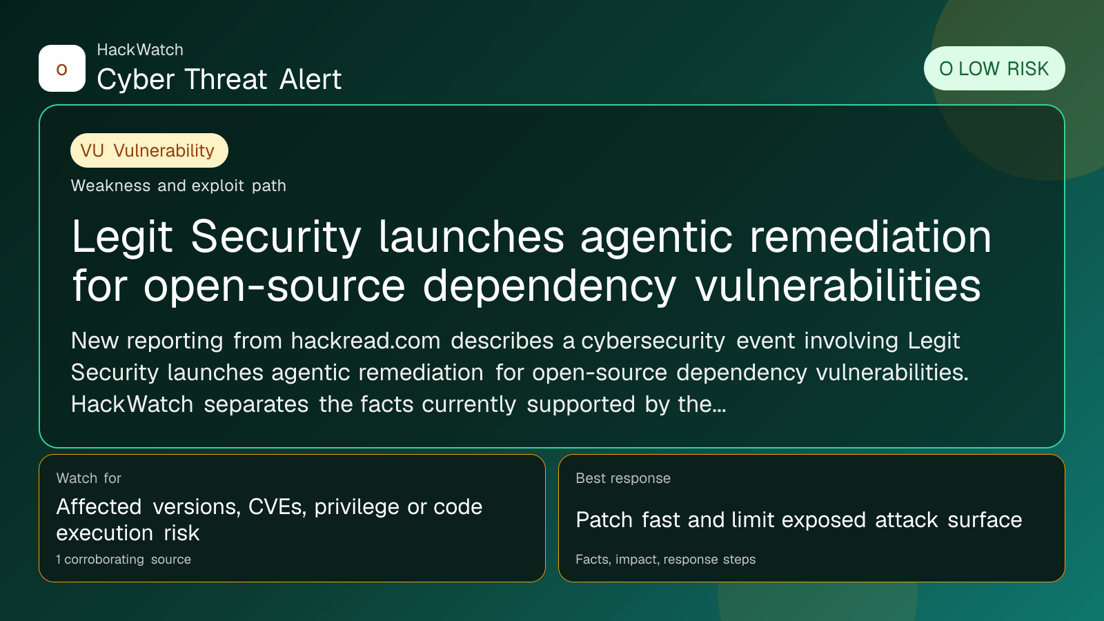 Legit Security launches agentic remediation for open-source dependency vulnerabilities - HackWatch vulnerability alert image