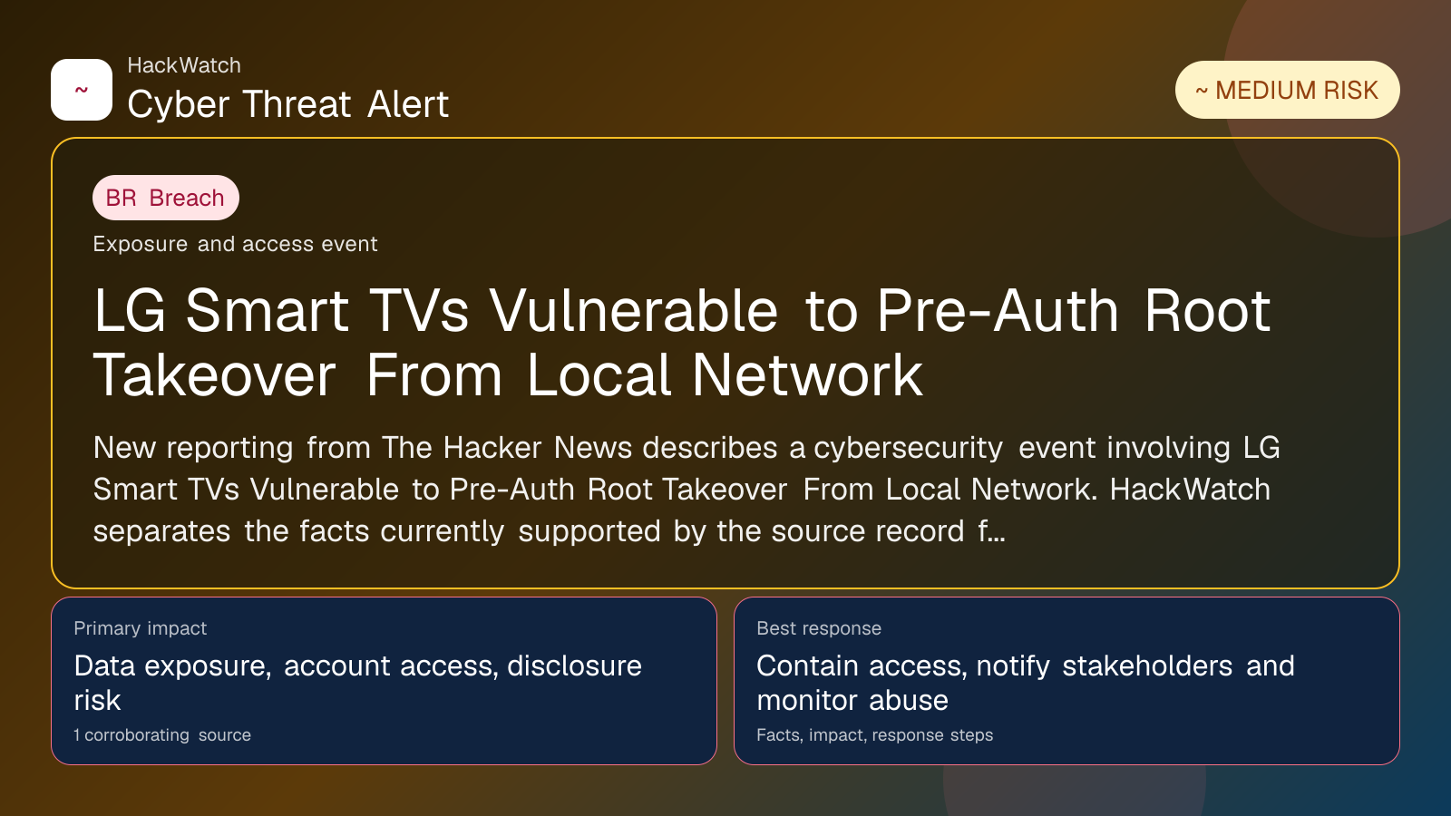 LG Smart TVs Vulnerable to Pre-Auth Root Takeover From Local Network - HackWatch breach alert image