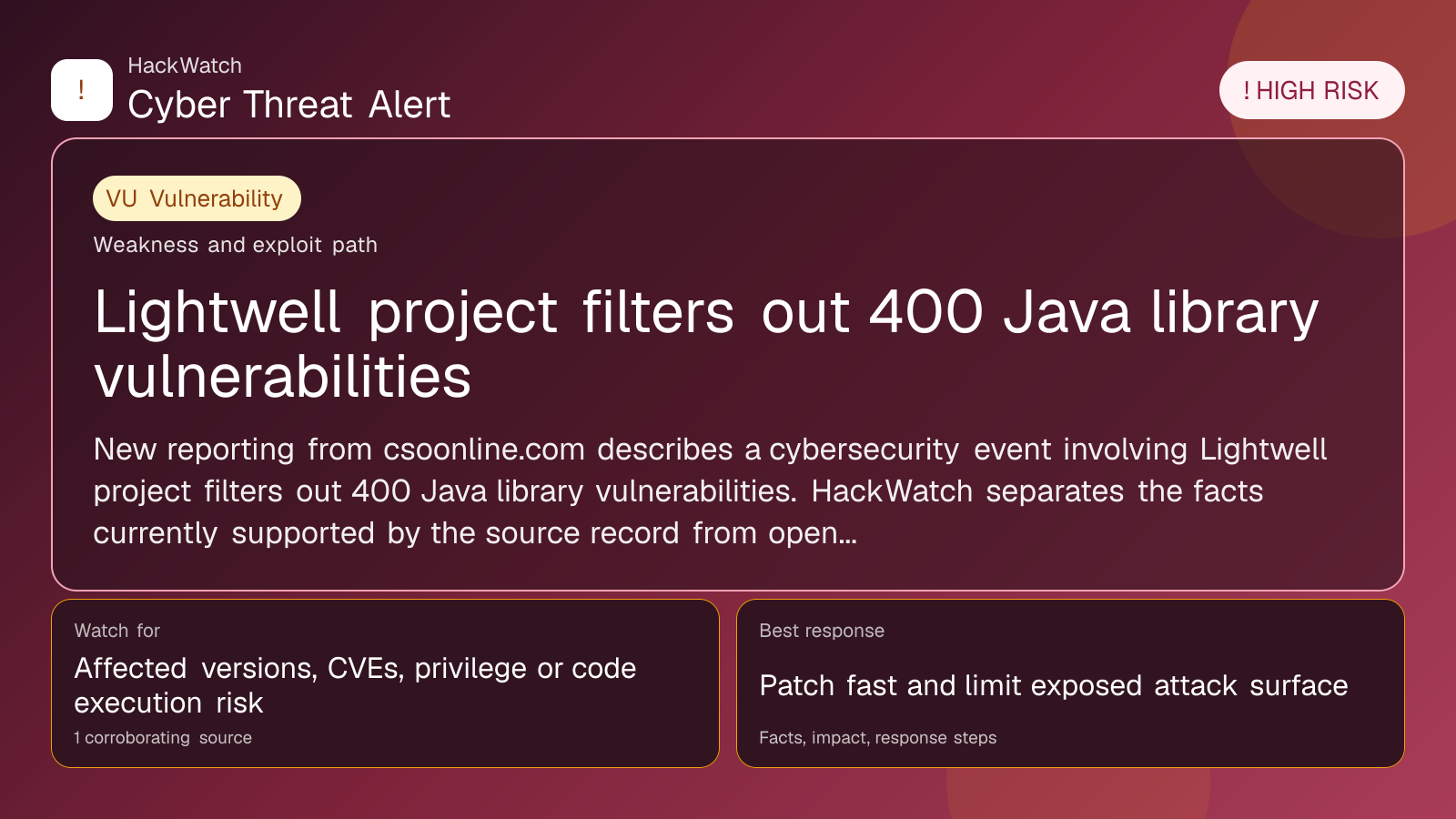Lightwell project filters out 400 Java library vulnerabilities - HackWatch vulnerability alert image