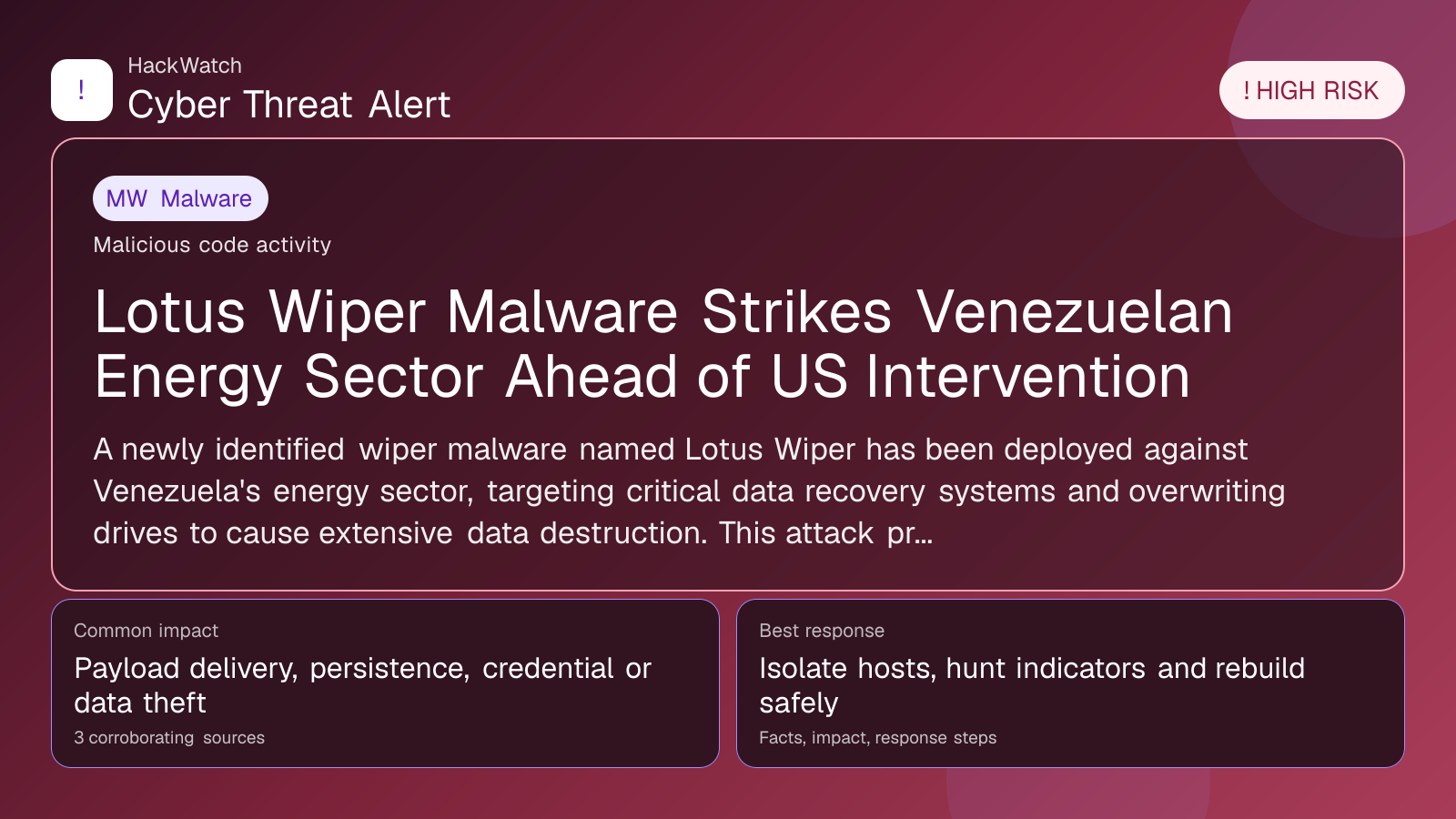 Lotus Wiper Malware Strikes Venezuelan Energy Sector Ahead of US Intervention - HackWatch malware alert image