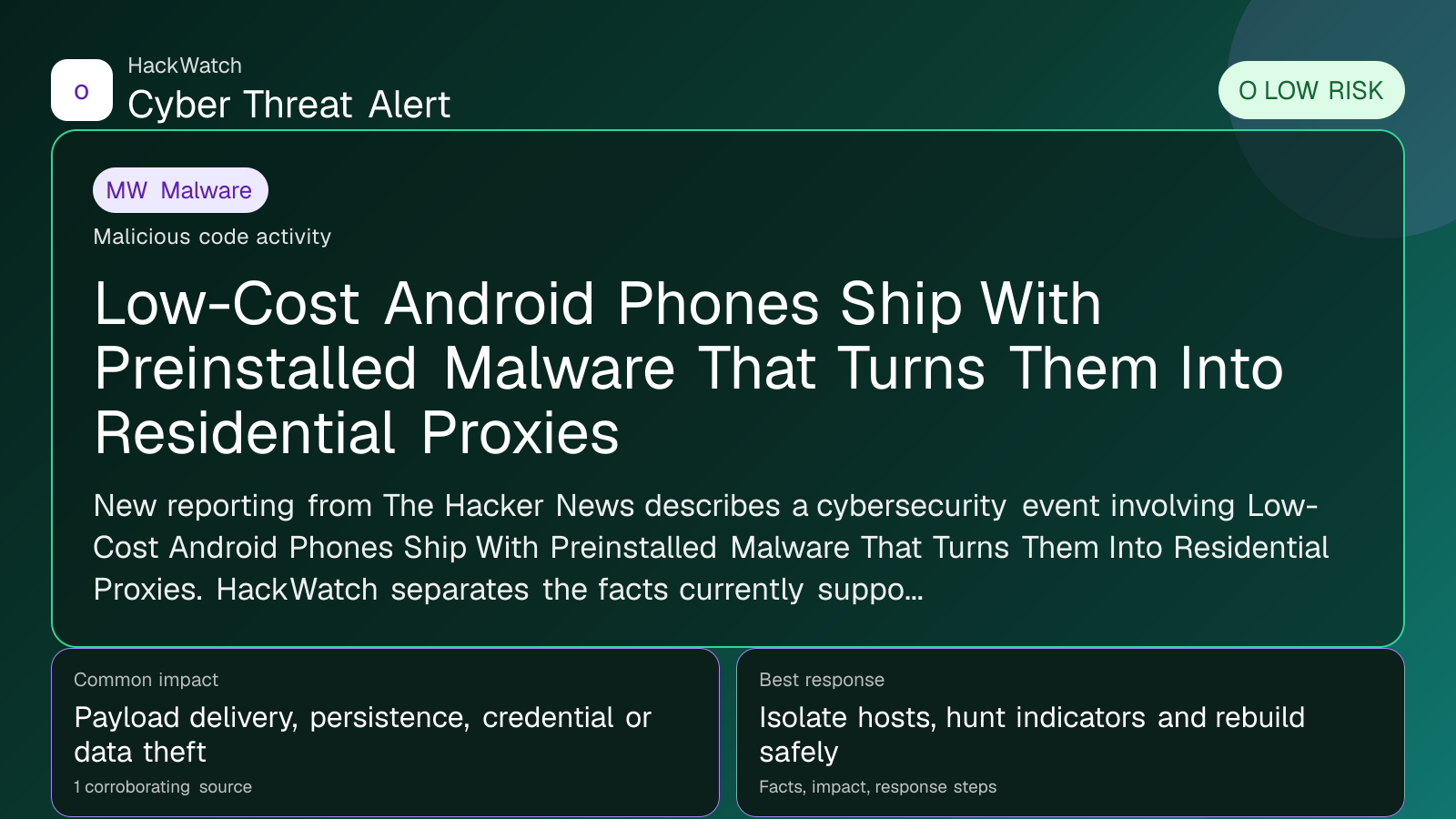 Low-Cost Android Phones Ship With Preinstalled Malware That Turns Them Into Residential Proxies - HackWatch malware alert image