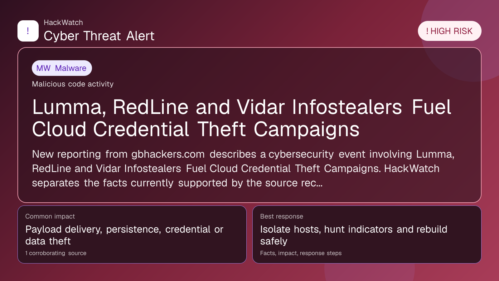 Lumma, RedLine and Vidar Infostealers Fuel Cloud Credential Theft Campaigns - HackWatch malware alert image