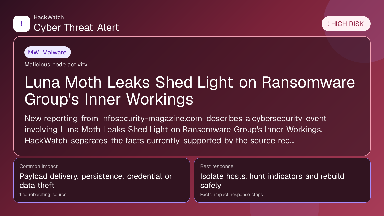 Luna Moth Leaks Shed Light on Ransomware Group's Inner Workings - HackWatch malware alert image