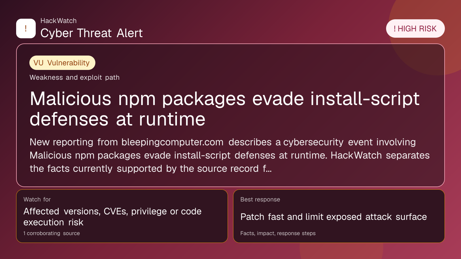 Malicious npm packages evade install-script defenses at runtime - HackWatch vulnerability alert image
