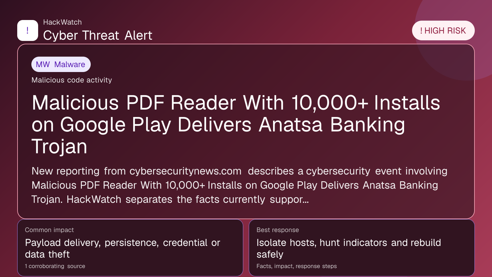 Malicious PDF Reader With 10,000+ Installs on Google Play Delivers Anatsa Banking Trojan - HackWatch malware alert image