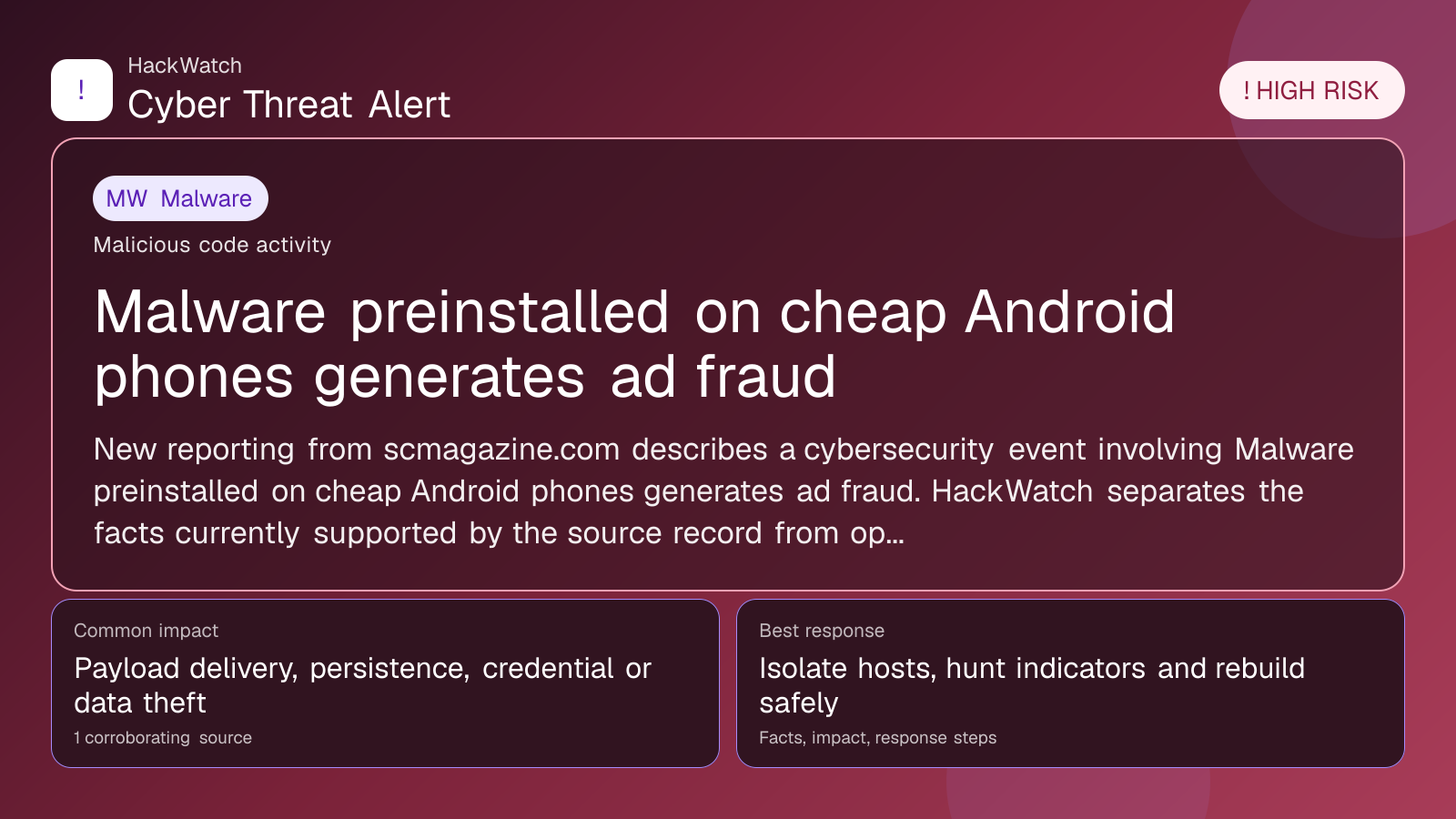 Malware preinstalled on cheap Android phones generates ad fraud - HackWatch malware alert image