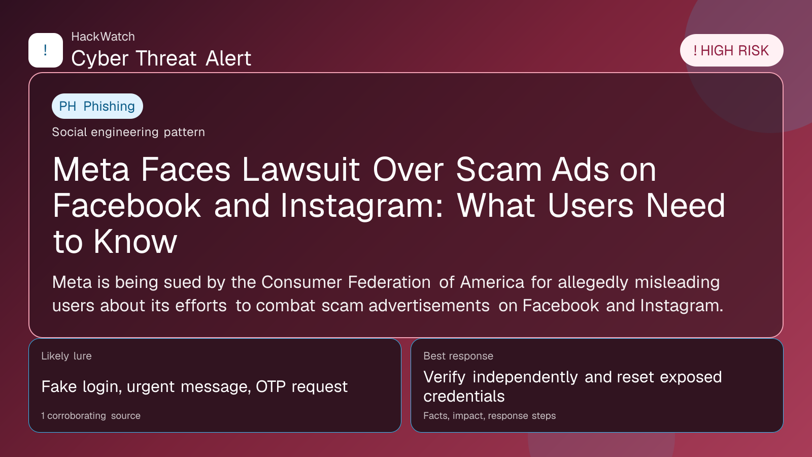 Meta Faces Lawsuit Over Scam Ads on Facebook and Instagram: What Users Need to Know - HackWatch phishing alert image
