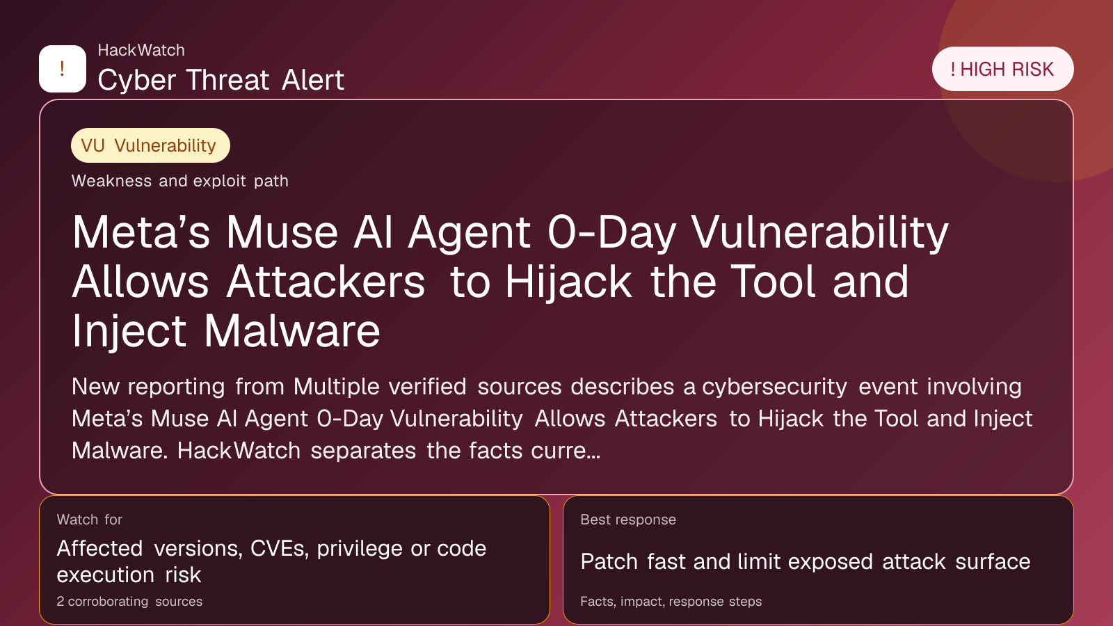 Meta’s Muse AI Agent 0-Day Vulnerability Allows Attackers to Hijack the Tool and Inject Malware - HackWatch vulnerability alert image