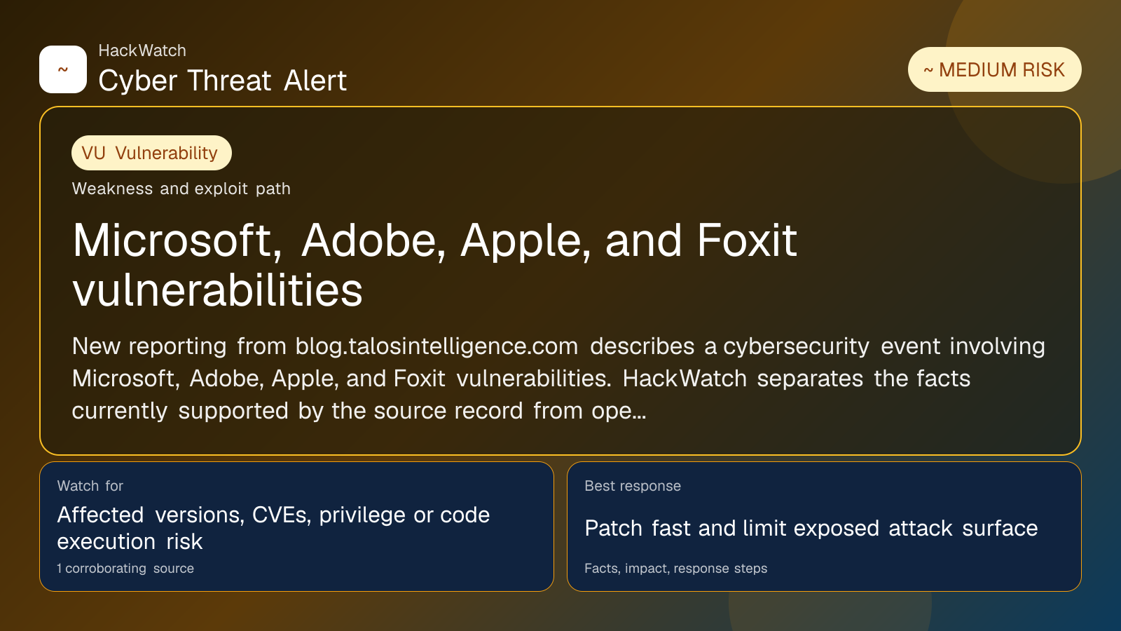Microsoft, Adobe, Apple, and Foxit vulnerabilities - HackWatch vulnerability alert image