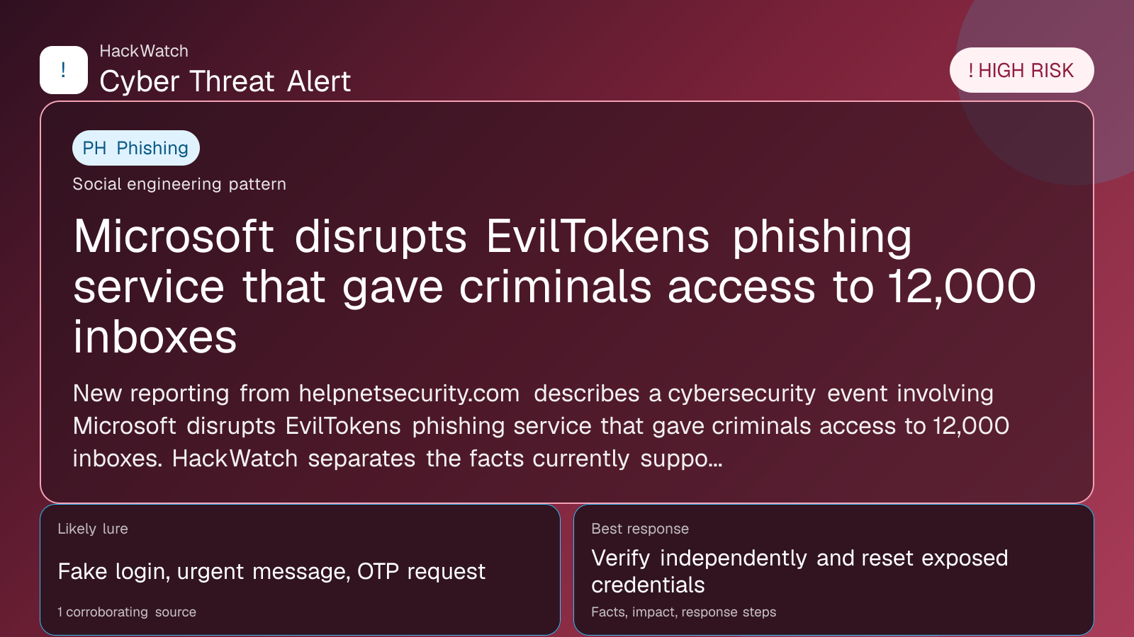 Microsoft disrupts EvilTokens phishing service that gave criminals access to 12,000 inboxes - HackWatch phishing alert image