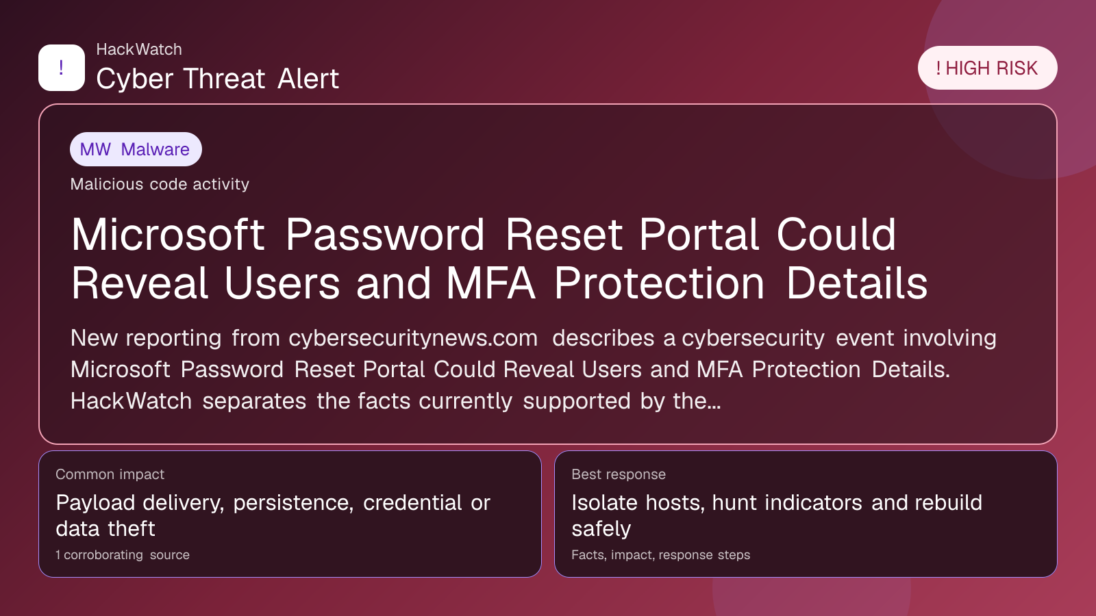 Microsoft Password Reset Portal Could Reveal Users and MFA Protection Details - HackWatch malware alert image