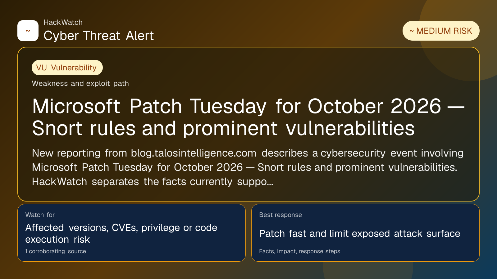 Microsoft Patch Tuesday for October 2026 — Snort rules and prominent vulnerabilities - HackWatch vulnerability alert image