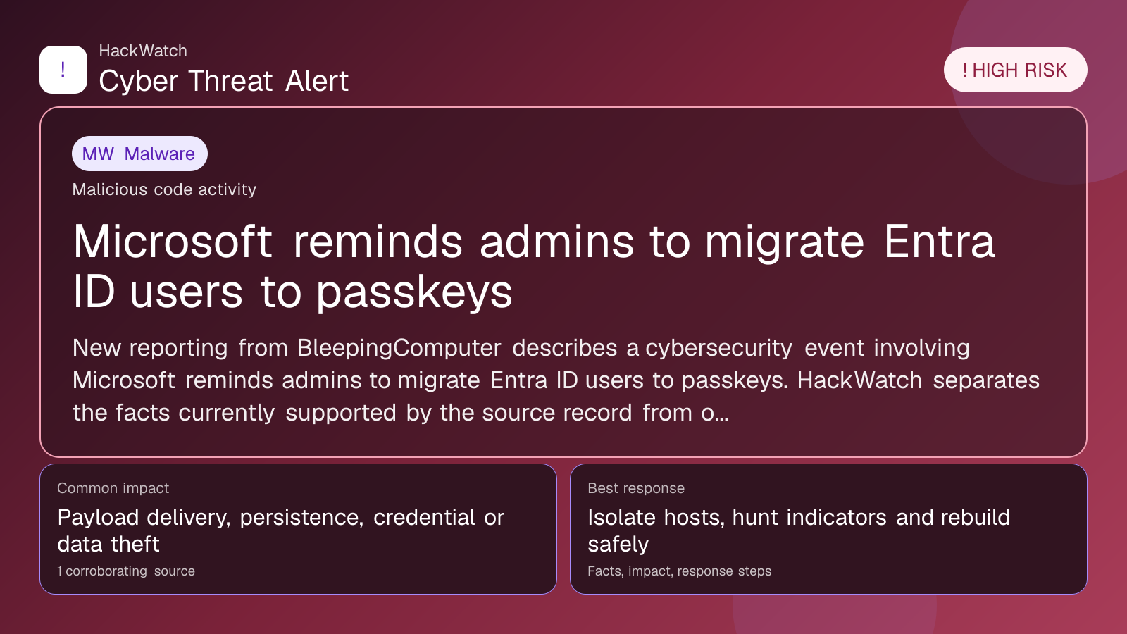 Microsoft reminds admins to migrate Entra ID users to passkeys - HackWatch malware alert image