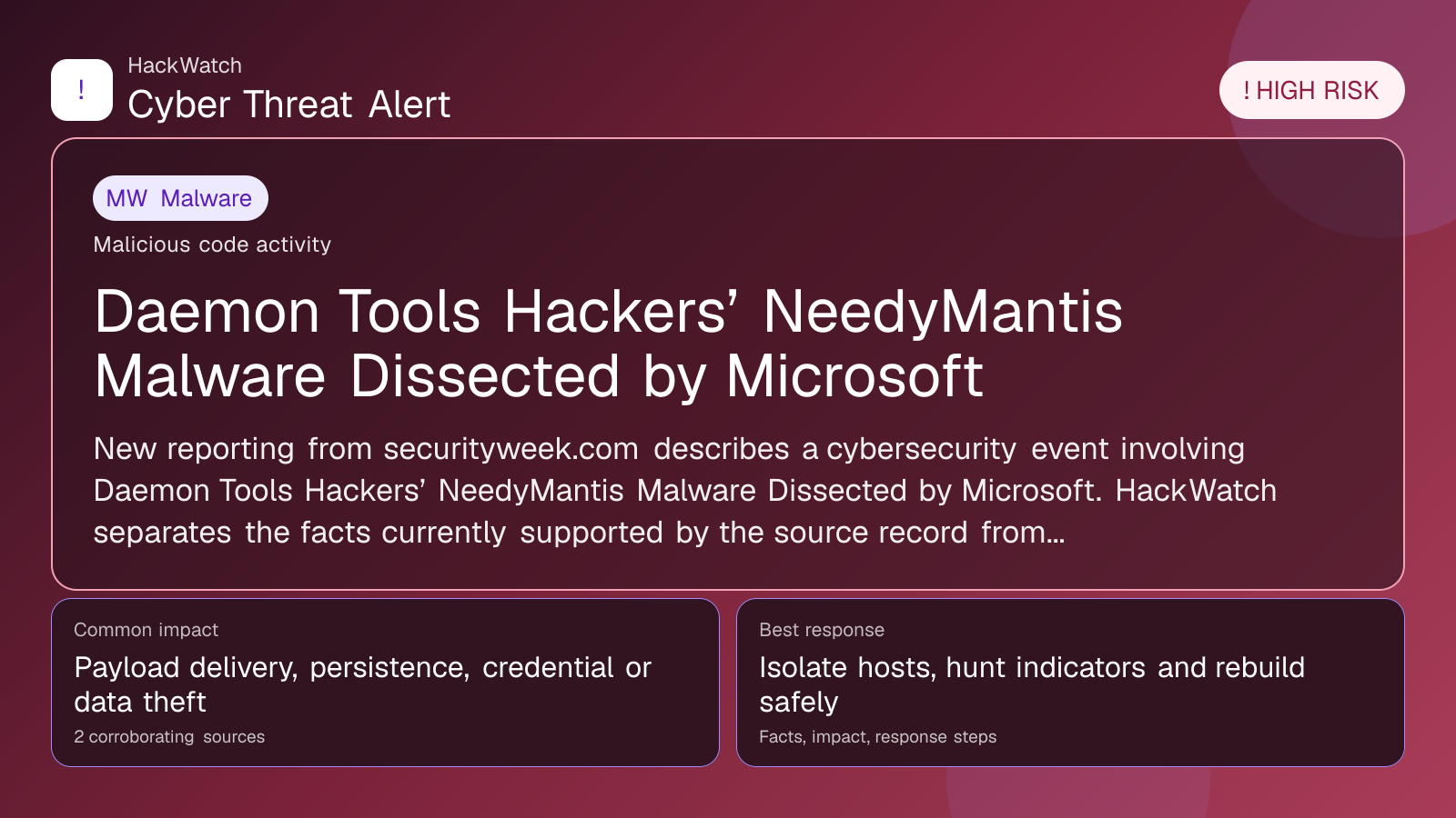 Daemon Tools Hackers’ NeedyMantis Malware Dissected by Microsoft - HackWatch malware alert image