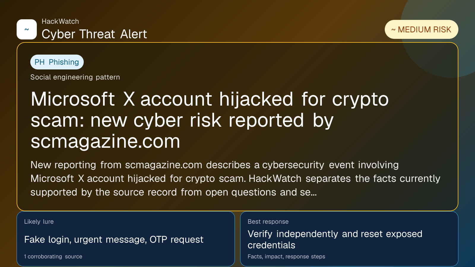 Microsoft X account hijacked for crypto scam: new cyber risk reported by scmagazine.com - HackWatch phishing alert image