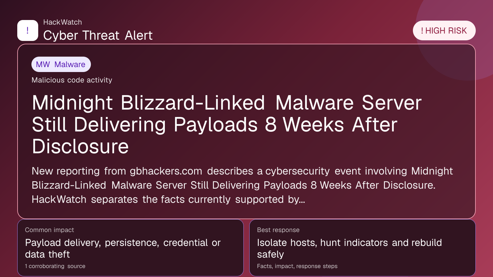 Midnight Blizzard-Linked Malware Server Still Delivering Payloads 8 Weeks After Disclosure - HackWatch malware alert image