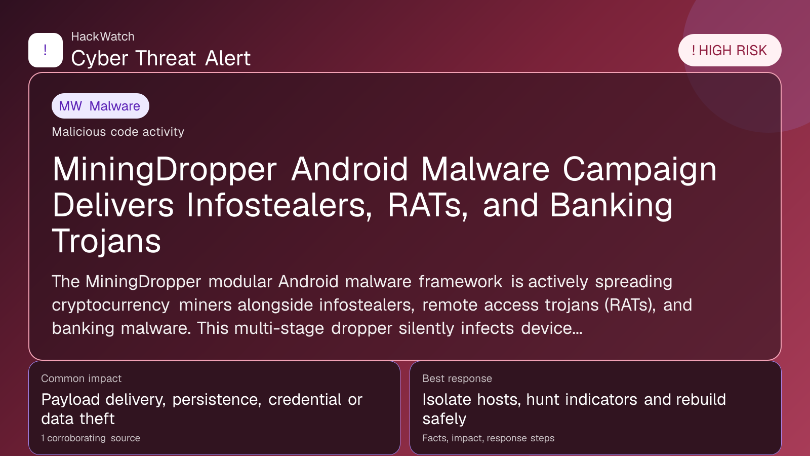 MiningDropper Android Malware Campaign Delivers Infostealers, RATs, and Banking Trojans - HackWatch malware alert image