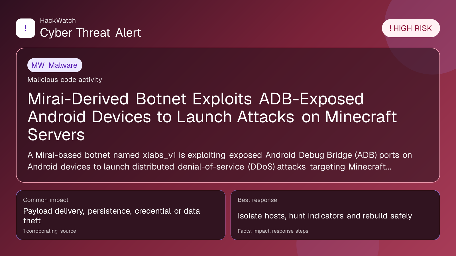 Mirai-Derived Botnet Exploits ADB-Exposed Android Devices to Launch Attacks on Minecraft Servers - HackWatch malware alert image