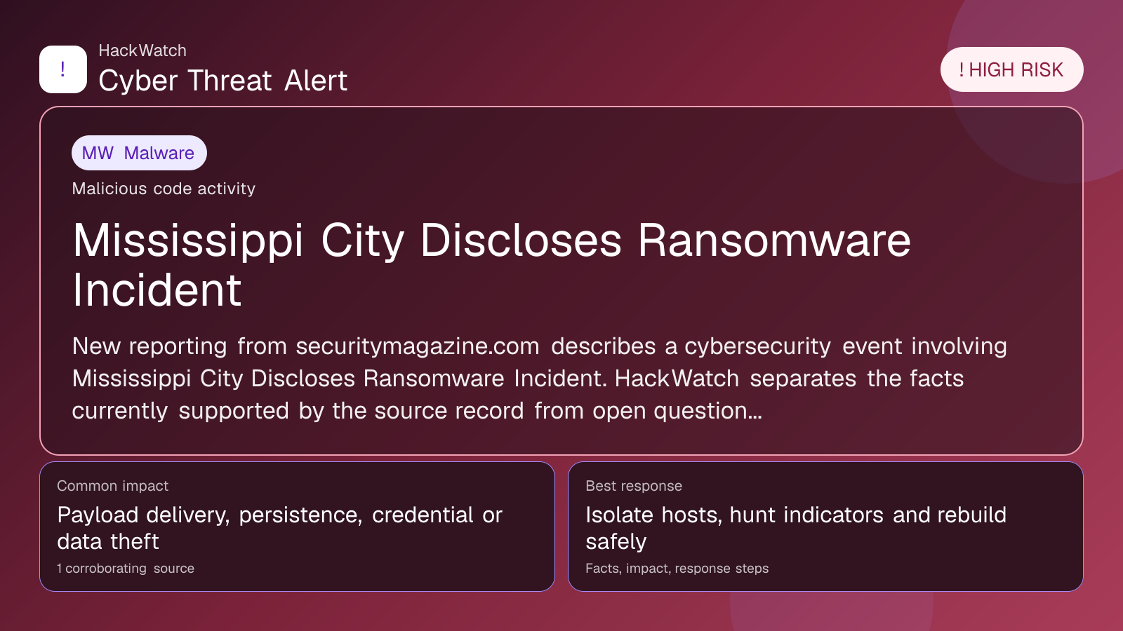 Mississippi City Discloses Ransomware Incident - HackWatch malware alert image