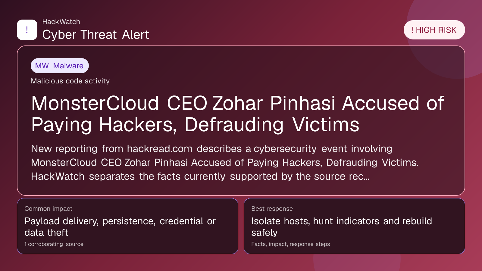 MonsterCloud CEO Zohar Pinhasi Accused of Paying Hackers, Defrauding Victims - HackWatch malware alert image