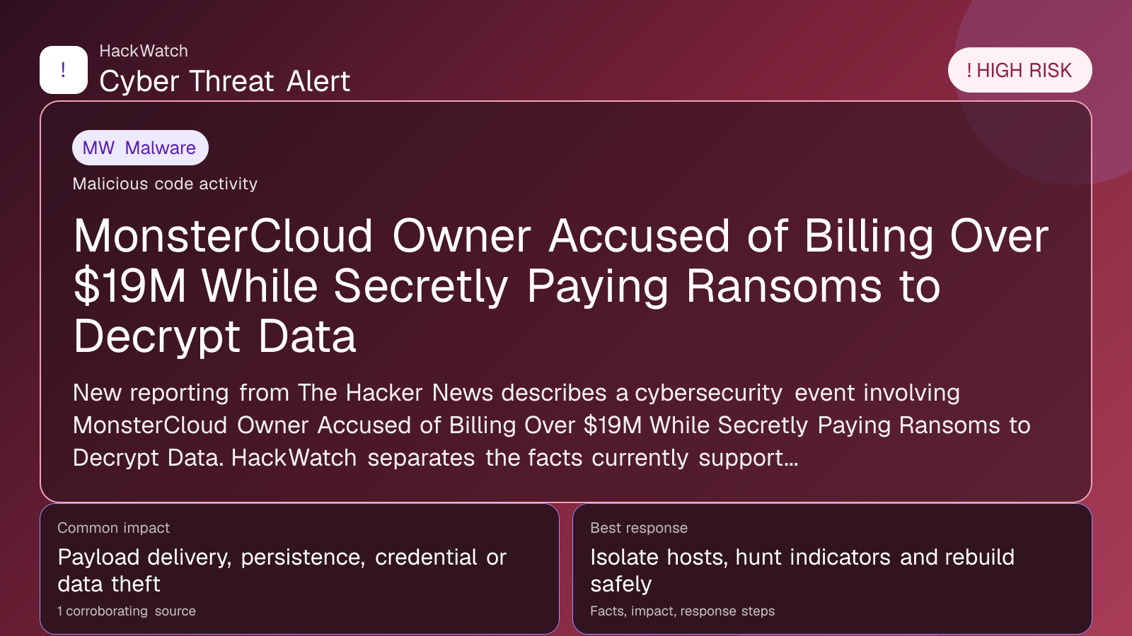 MonsterCloud Owner Accused of Billing Over $19M While Secretly Paying Ransoms to Decrypt Data - HackWatch malware alert image