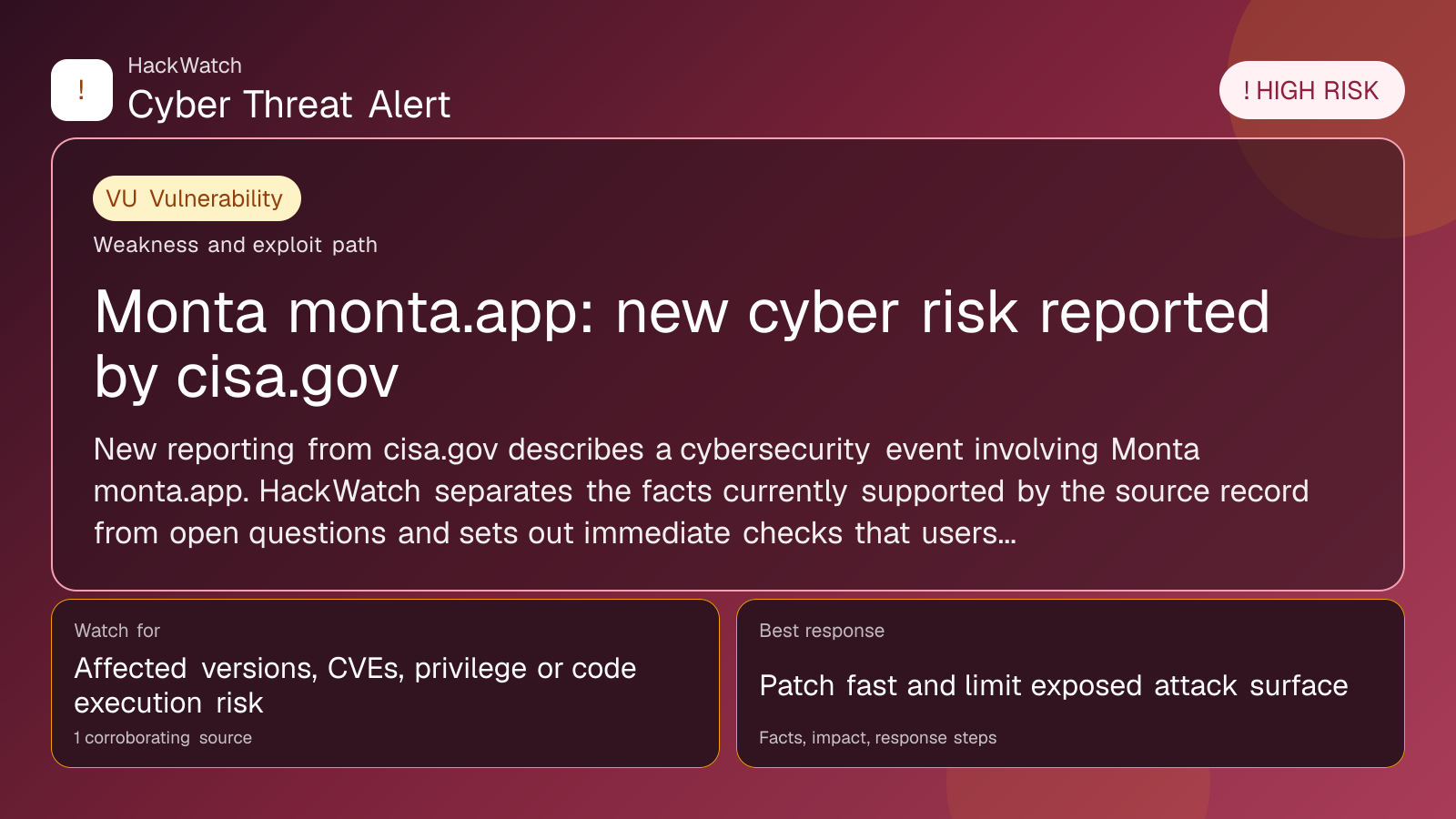 Monta monta.app: new cyber risk reported by cisa.gov - HackWatch vulnerability alert image