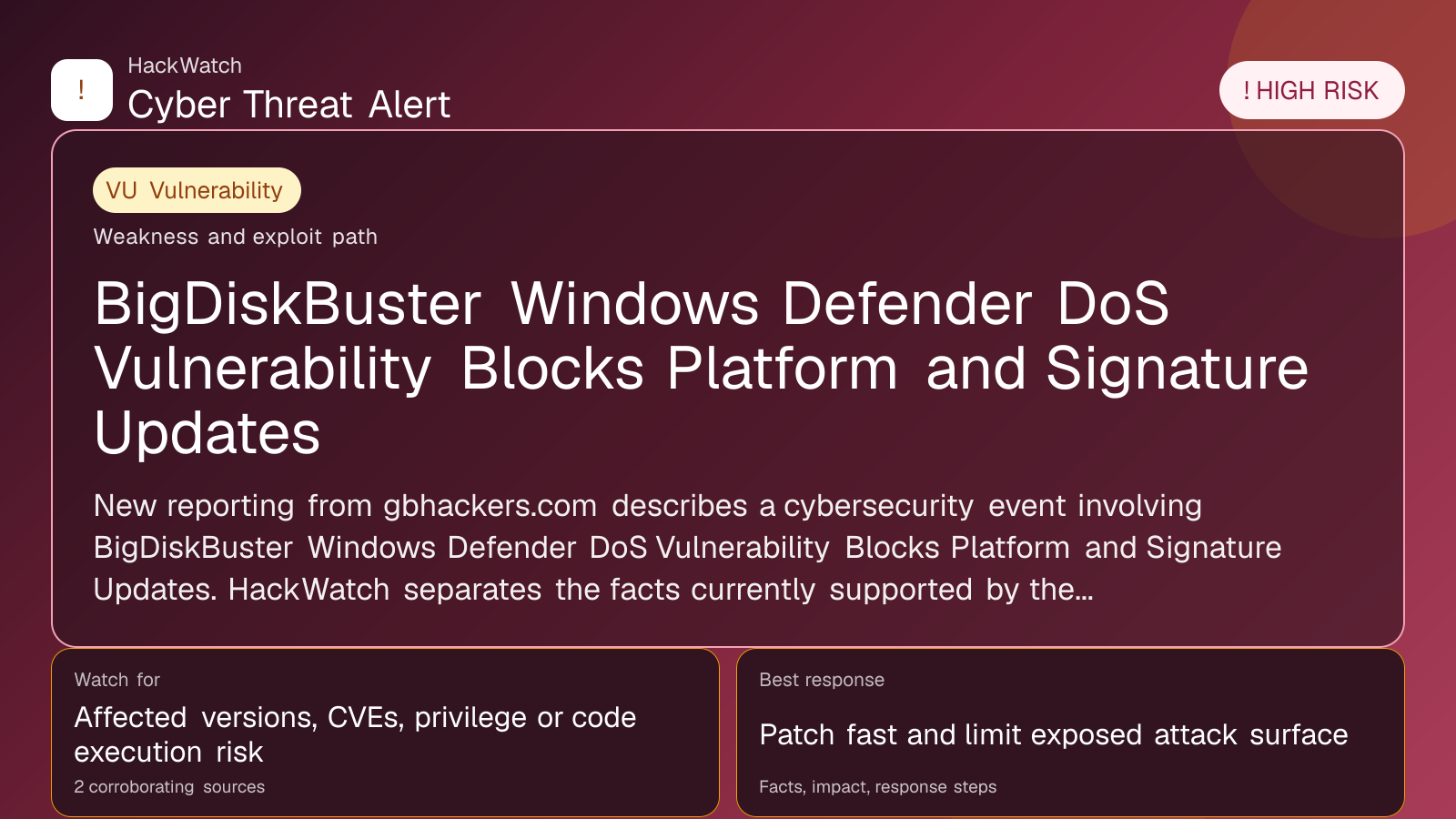 MSNightmare has Released a Windows Defender Update DoS Vulnerability Called BigDiskBuster - HackWatch vulnerability alert image