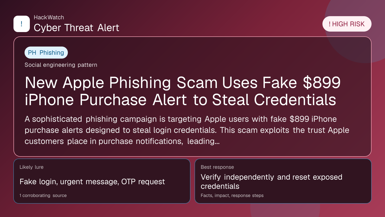 New Apple Phishing Scam Uses Fake $899 iPhone Purchase Alert to Steal Credentials - HackWatch phishing alert image