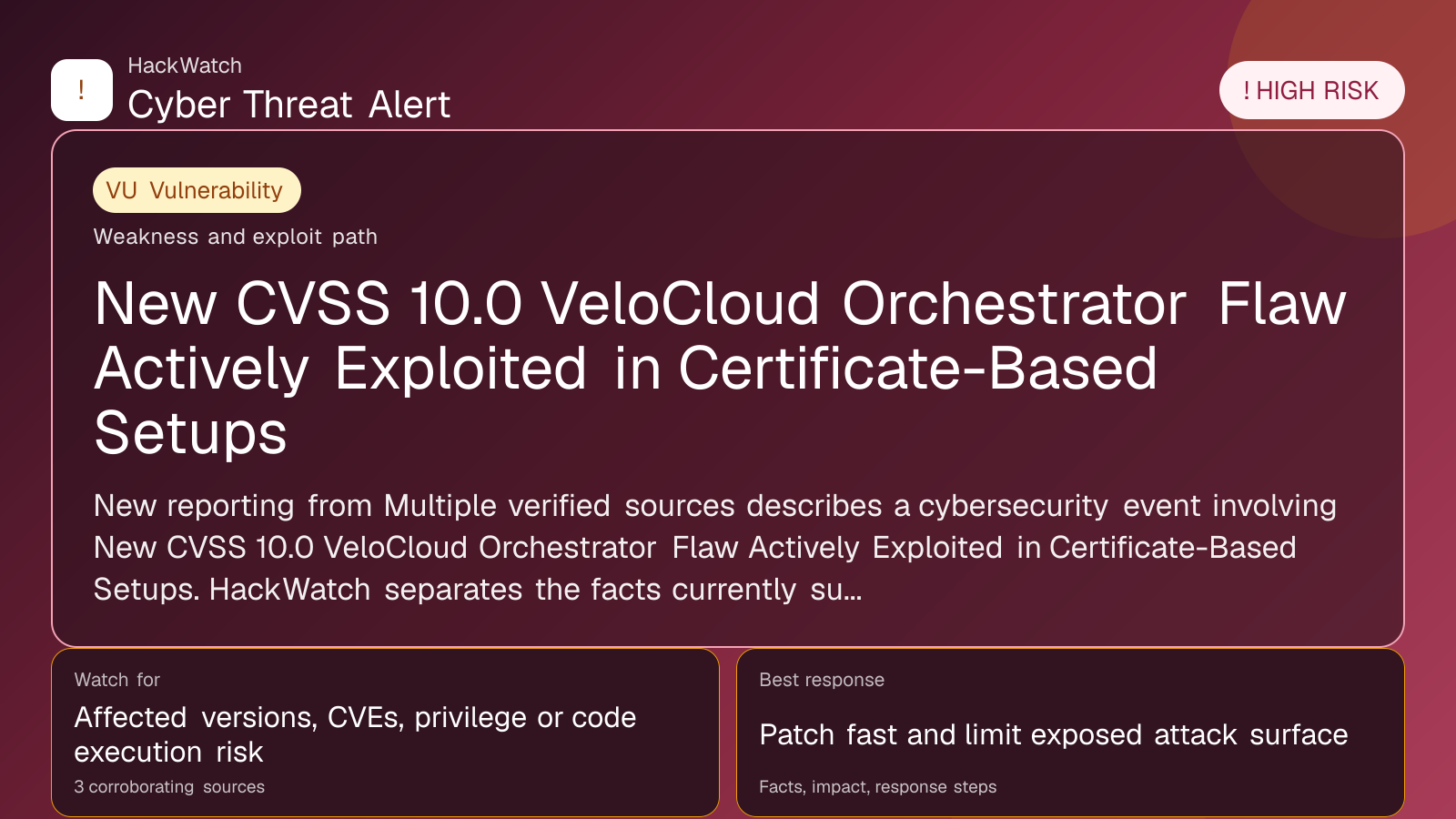 New CVSS 10.0 VeloCloud Orchestrator Flaw Actively Exploited in Certificate-Based Setups - HackWatch vulnerability alert image