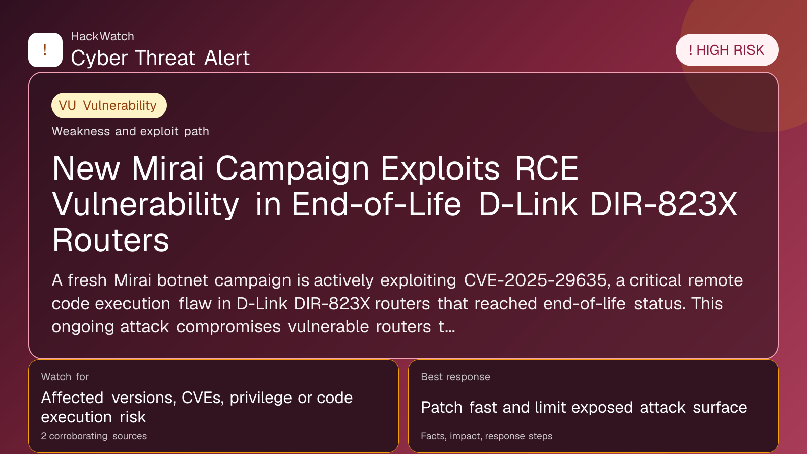 New Mirai Campaign Exploits RCE Vulnerability in End-of-Life D-Link DIR-823X Routers - HackWatch vulnerability alert image