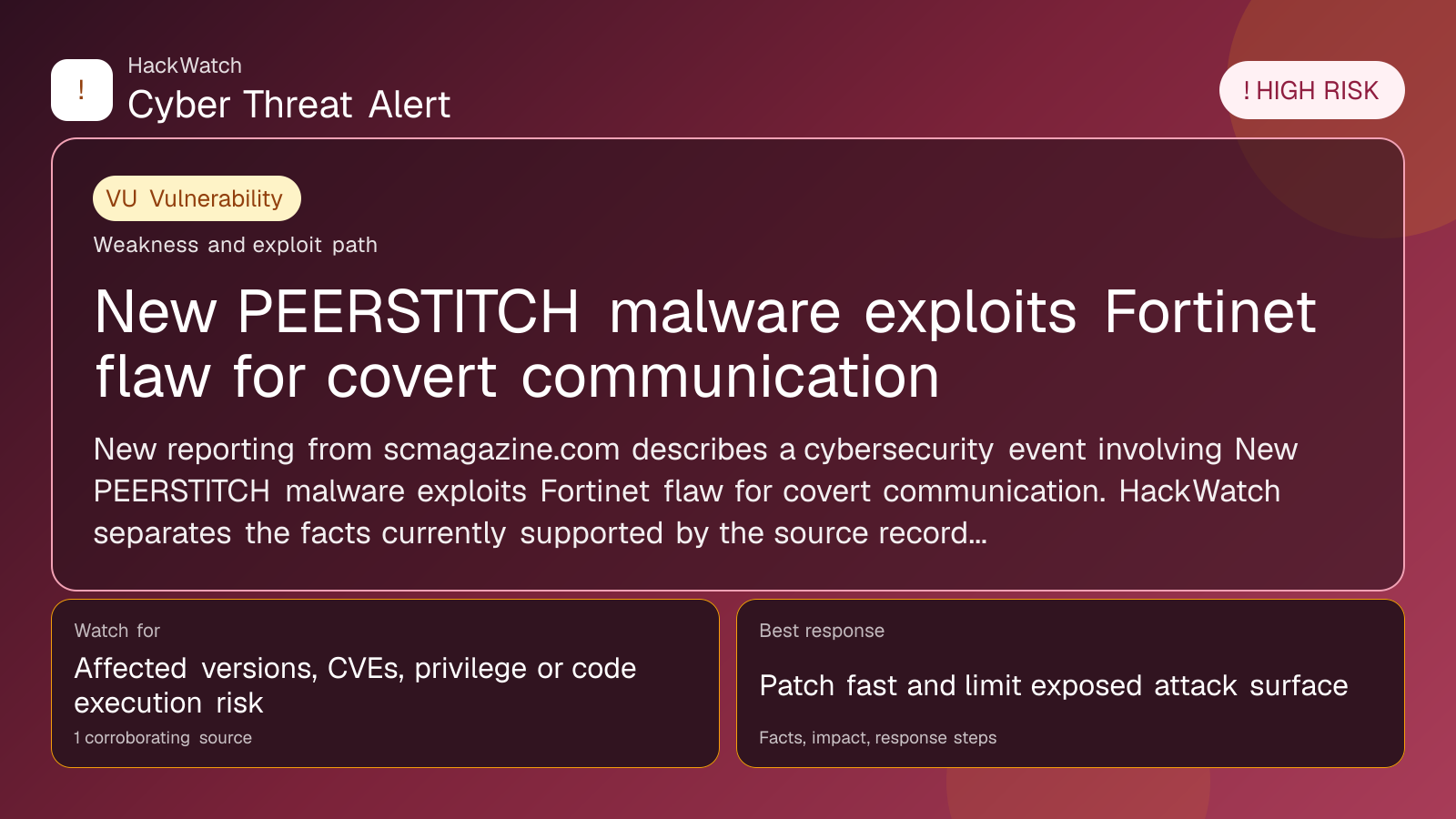 New PEERSTITCH malware exploits Fortinet flaw for covert communication - HackWatch vulnerability alert image