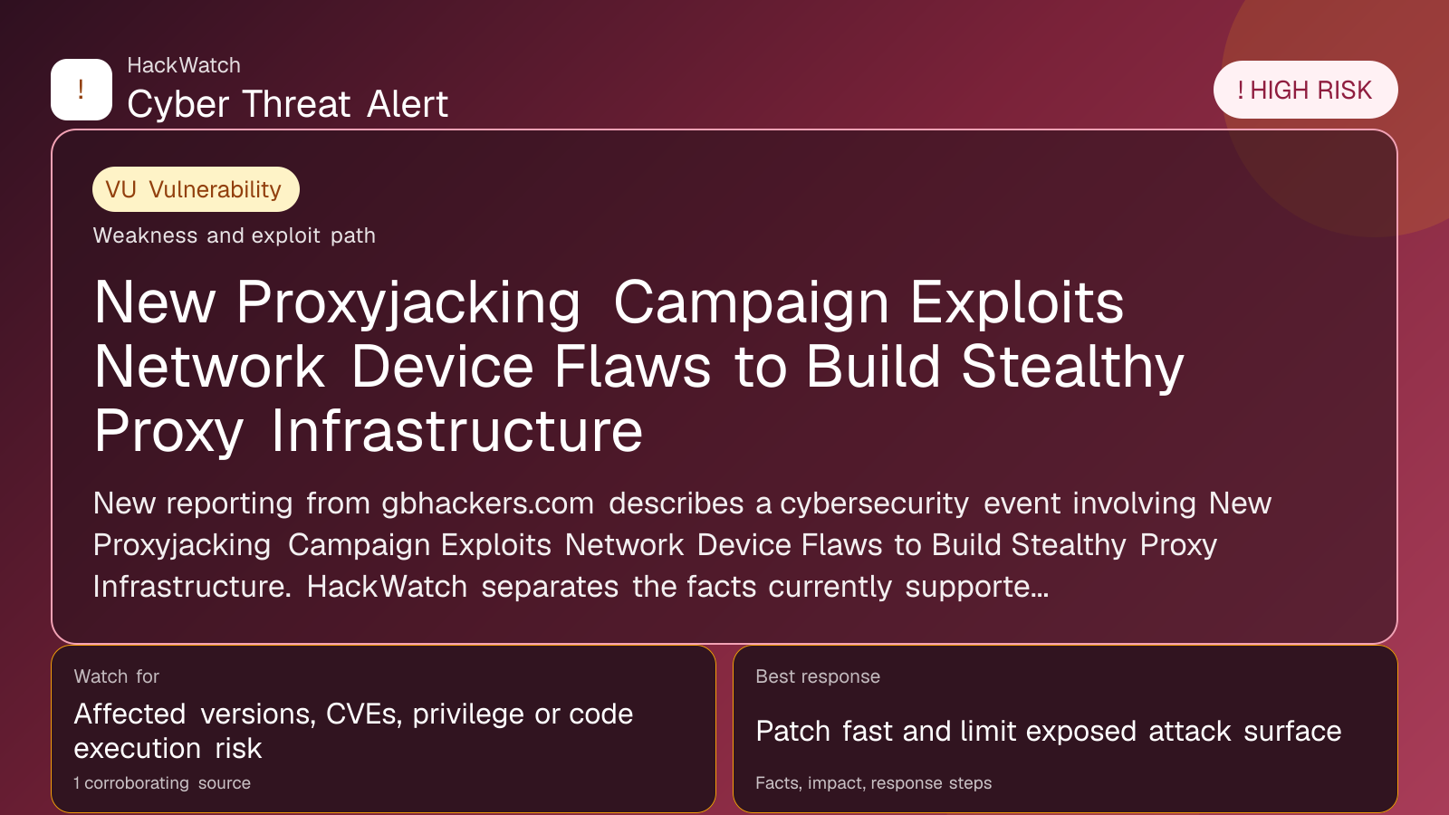 New Proxyjacking Campaign Exploits Network Device Flaws to Build Stealthy Proxy Infrastructure - HackWatch vulnerability alert image