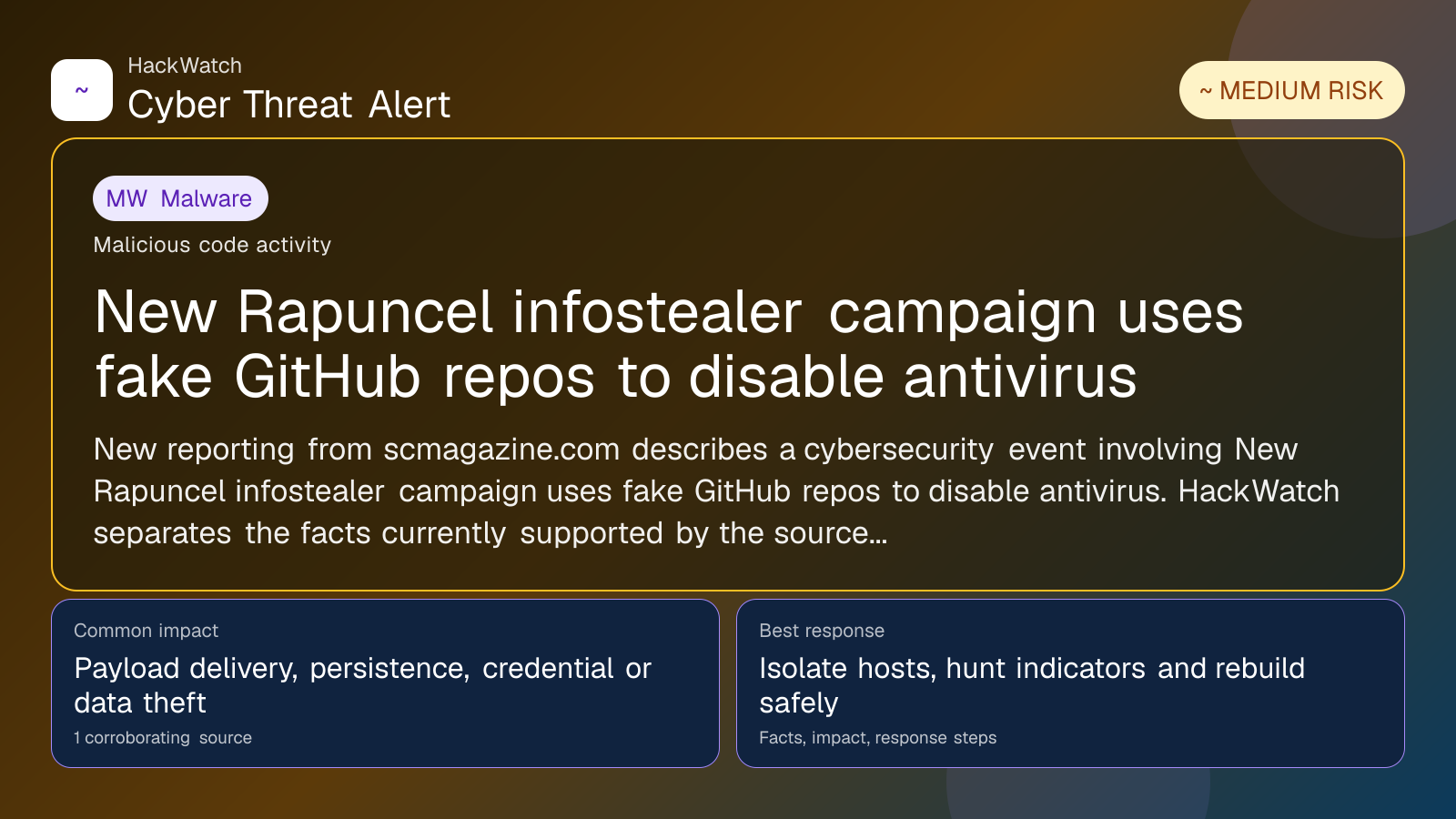 New Rapuncel infostealer campaign uses fake GitHub repos to disable antivirus - HackWatch malware alert image