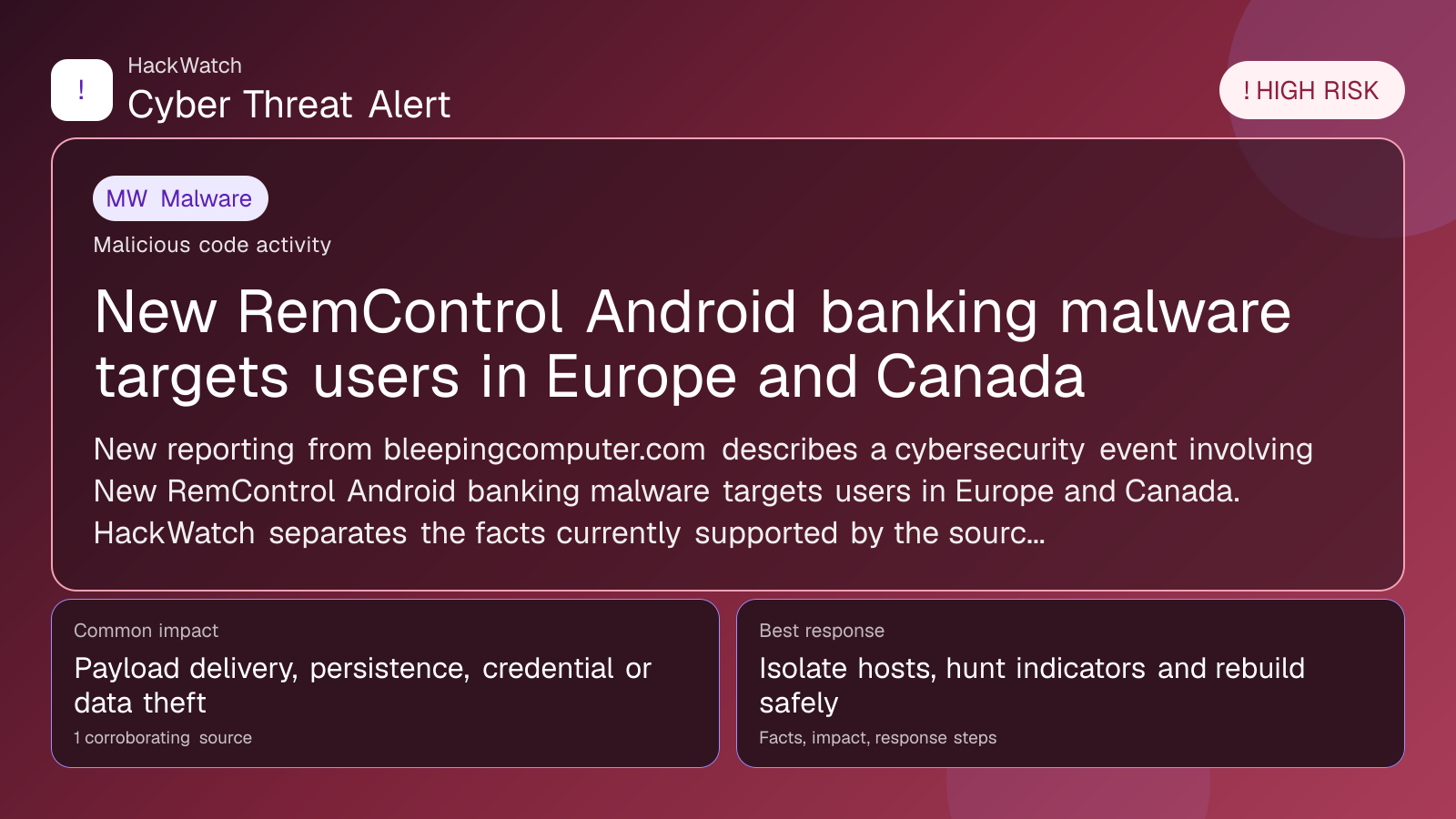 New RemControl Android banking malware targets users in Europe and Canada - HackWatch malware alert image