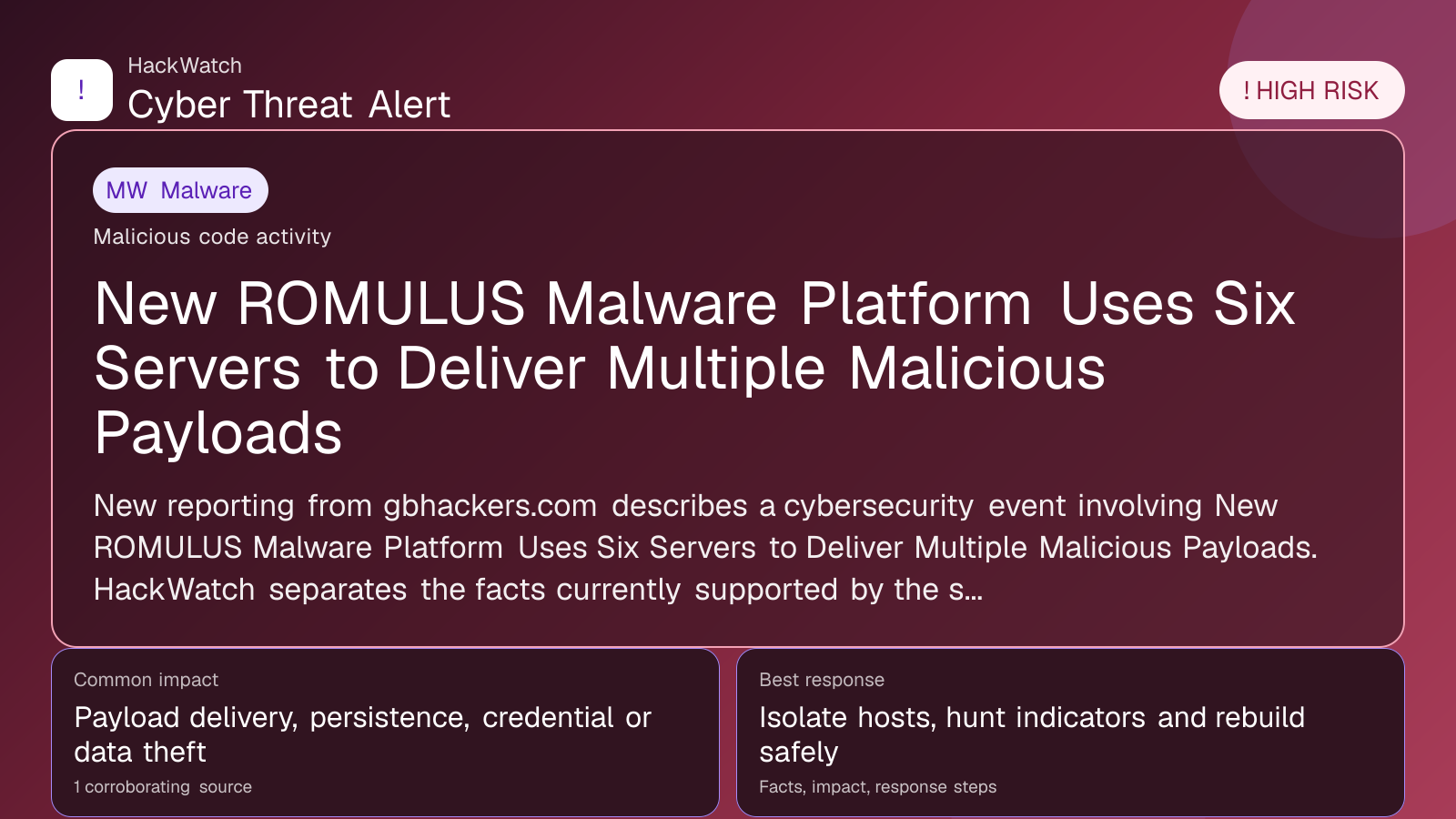 New ROMULUS Malware Platform Uses Six Servers to Deliver Multiple Malicious Payloads - HackWatch malware alert image