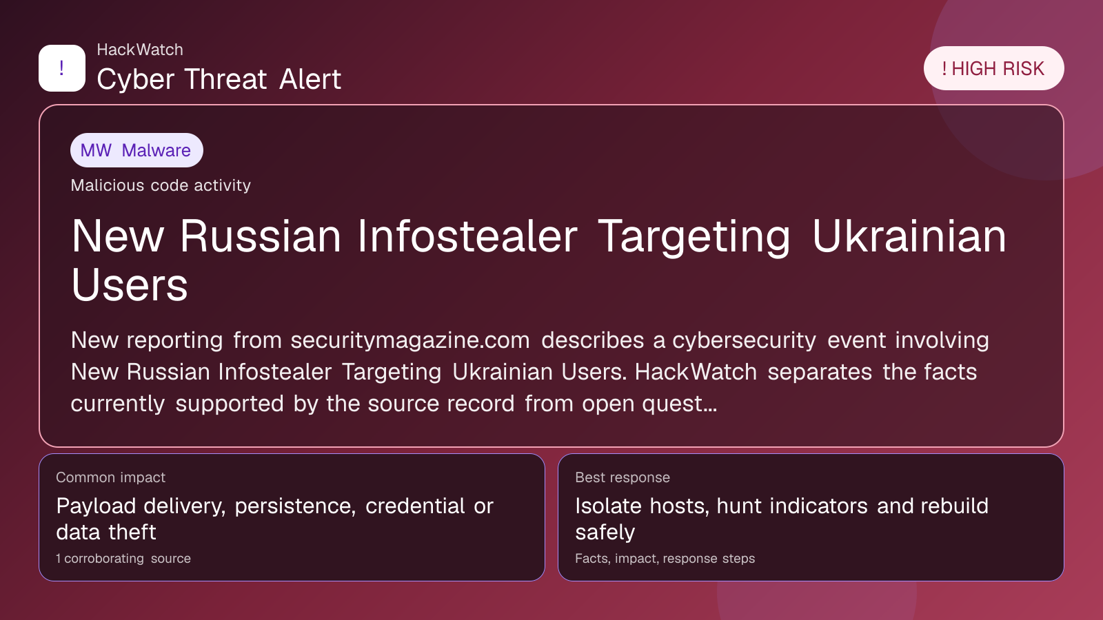 New Russian Infostealer Targeting Ukrainian Users - HackWatch malware alert image