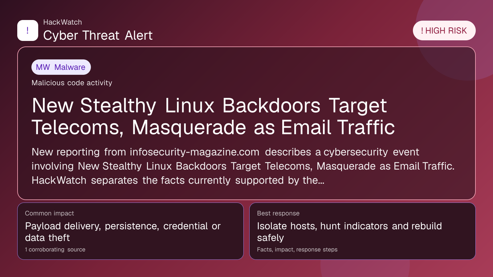 New Stealthy Linux Backdoors Target Telecoms, Masquerade as Email Traffic - HackWatch malware alert image