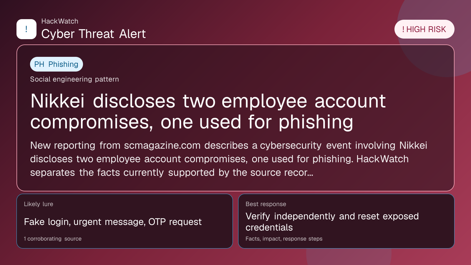 Nikkei discloses two employee account compromises, one used for phishing - HackWatch phishing alert image