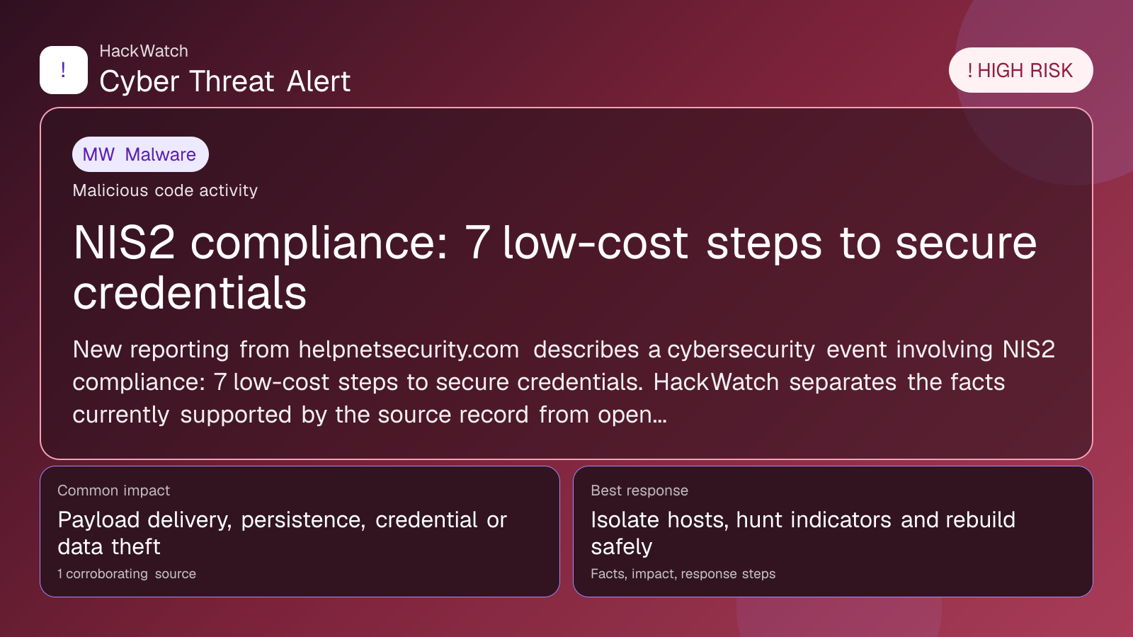 NIS2 compliance: 7 low-cost steps to secure credentials - HackWatch malware alert image