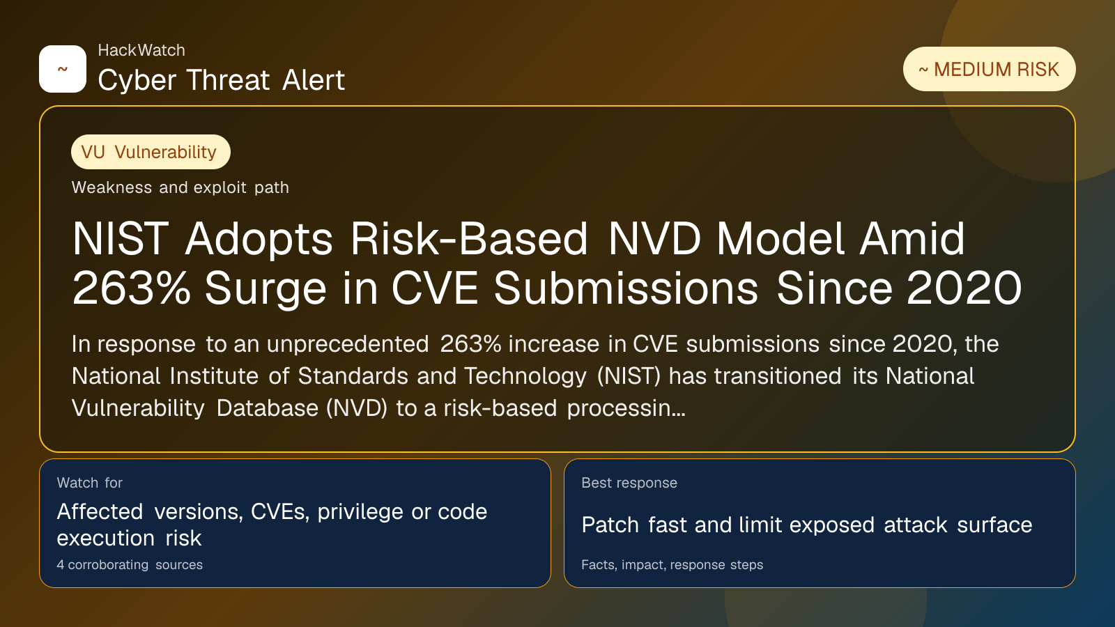 NIST Adopts Risk-Based NVD Model Amid 263% Surge in CVE Submissions Since 2020 - HackWatch vulnerability alert image